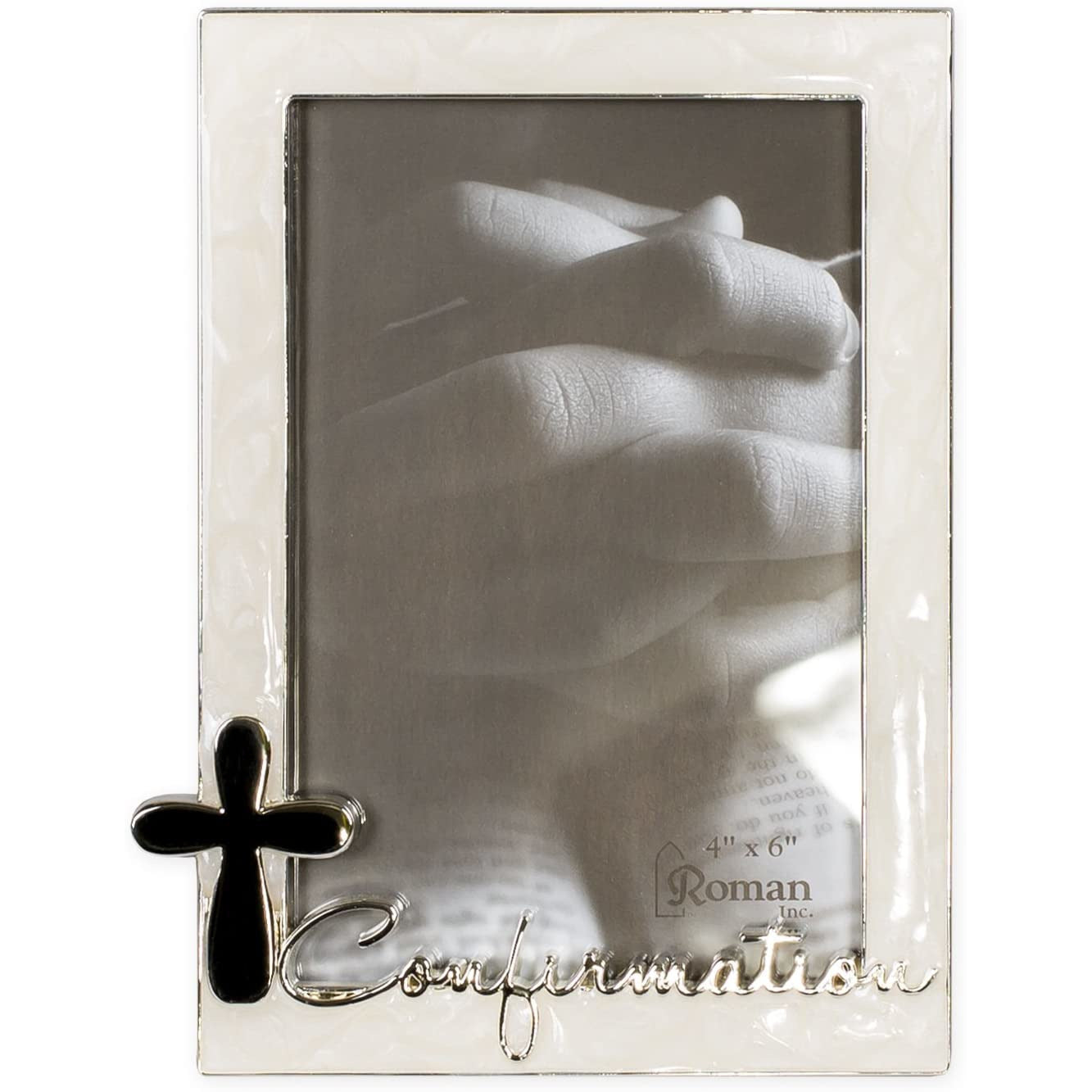 Roman Confirmation Silver Finish Cross 4 x 6 Photo Pearl Trim Picture Frame