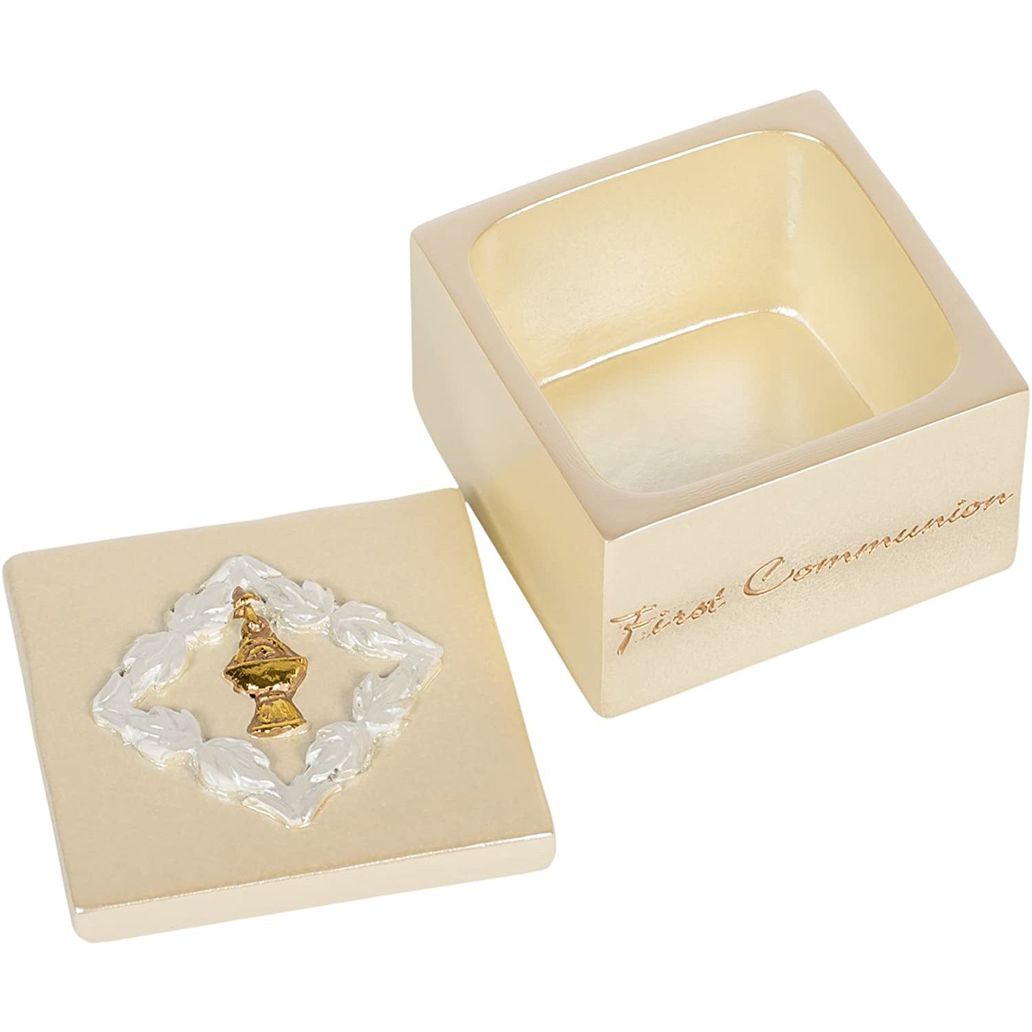 First Communion Gold Tone Chalice Design Small 1.5 inch Decorative Table Top Rosary Jewelry Box