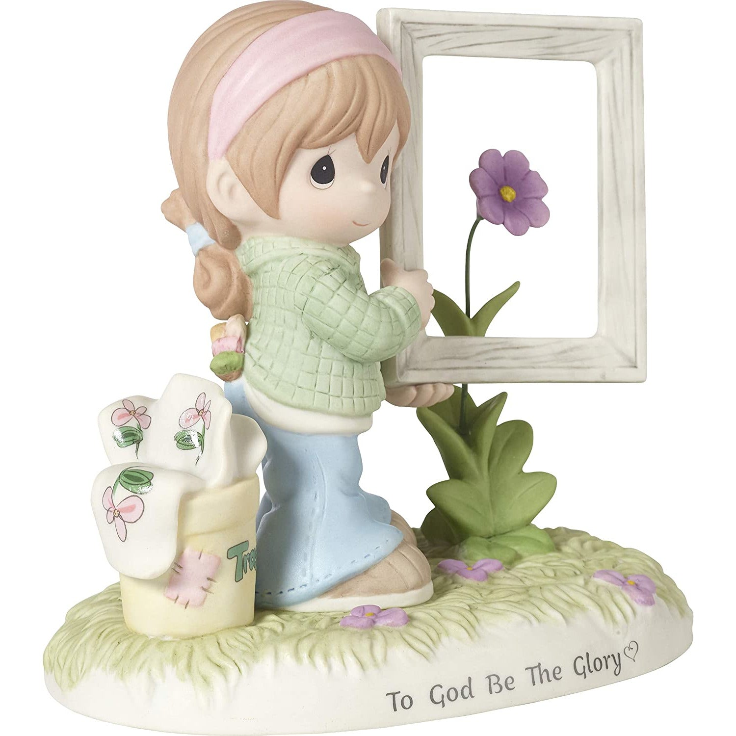 Precious Moments Girl Holding Frame Around Flower 182013 to God Be The Glory Bisque Porcelain Figurine, Multi