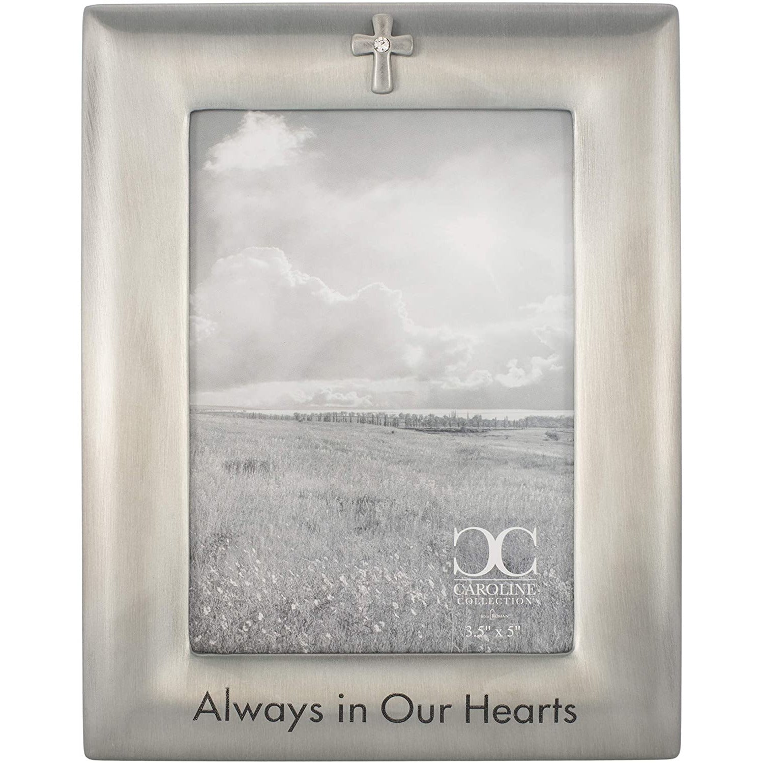 Always In Our Hearts Cross Silver Tone 9 inch Zinc Alloy Metal Tabletop Frame