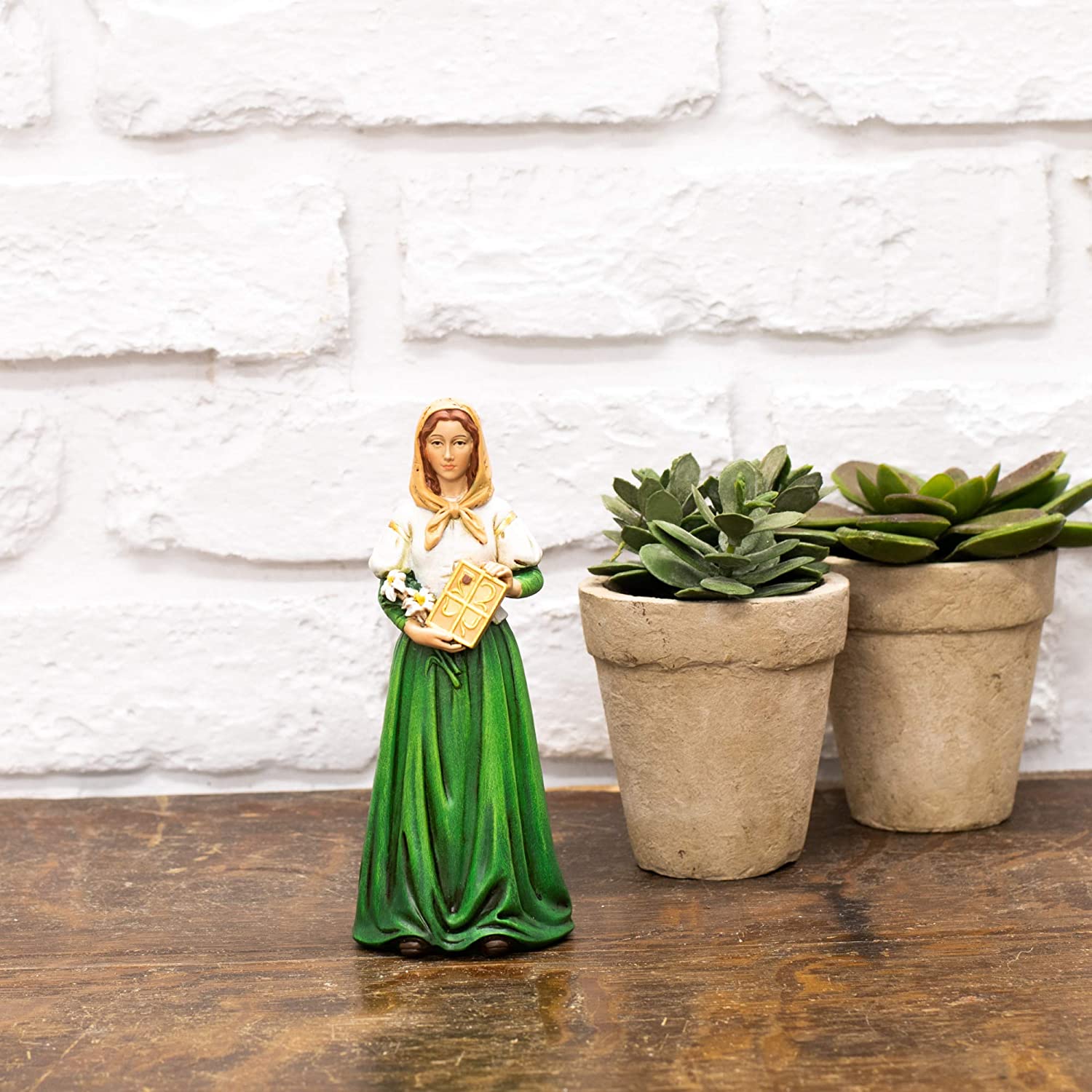 Saint Dymphna Religious Natural Green 6 x 3 Resin Stone Decorative Collectible Figurine