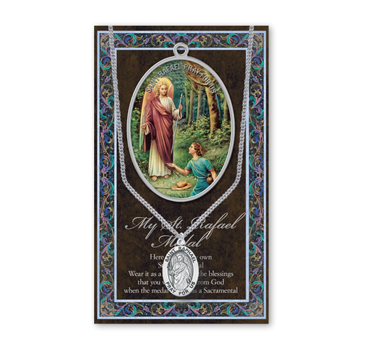 Saint Raphael Biography and Picture Folder with a Medal and a Chain