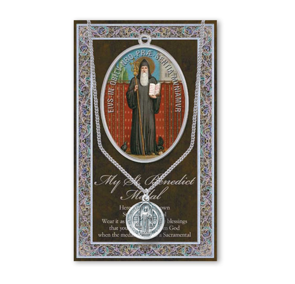 Saint Benedict Biography and Picture Folder with a Medal and a Chain
