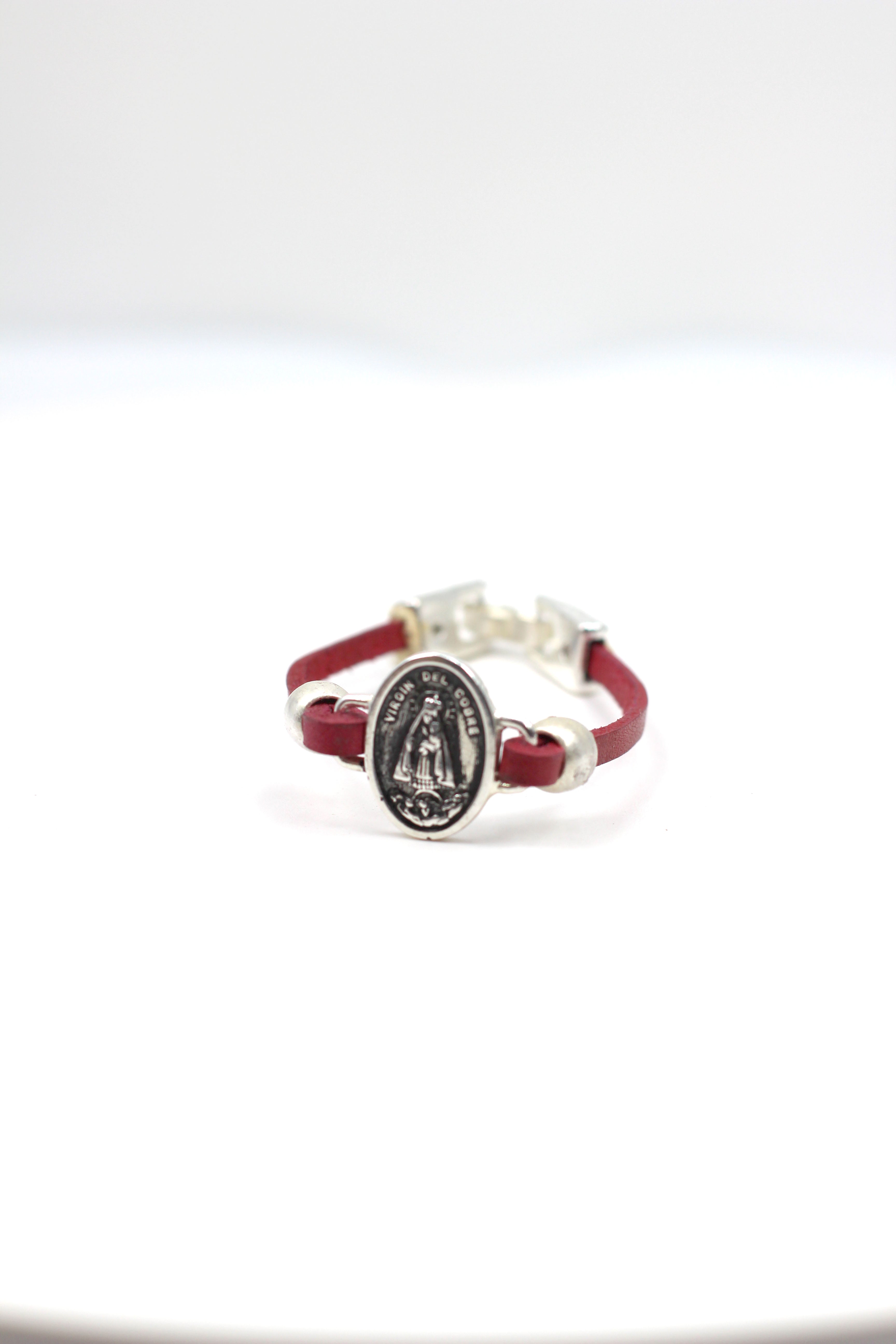 Bracelet of La Caridad del Cobre / Our Lady of Charity handmade jewelry with a Single Leather Strap by Graciela's Collection
