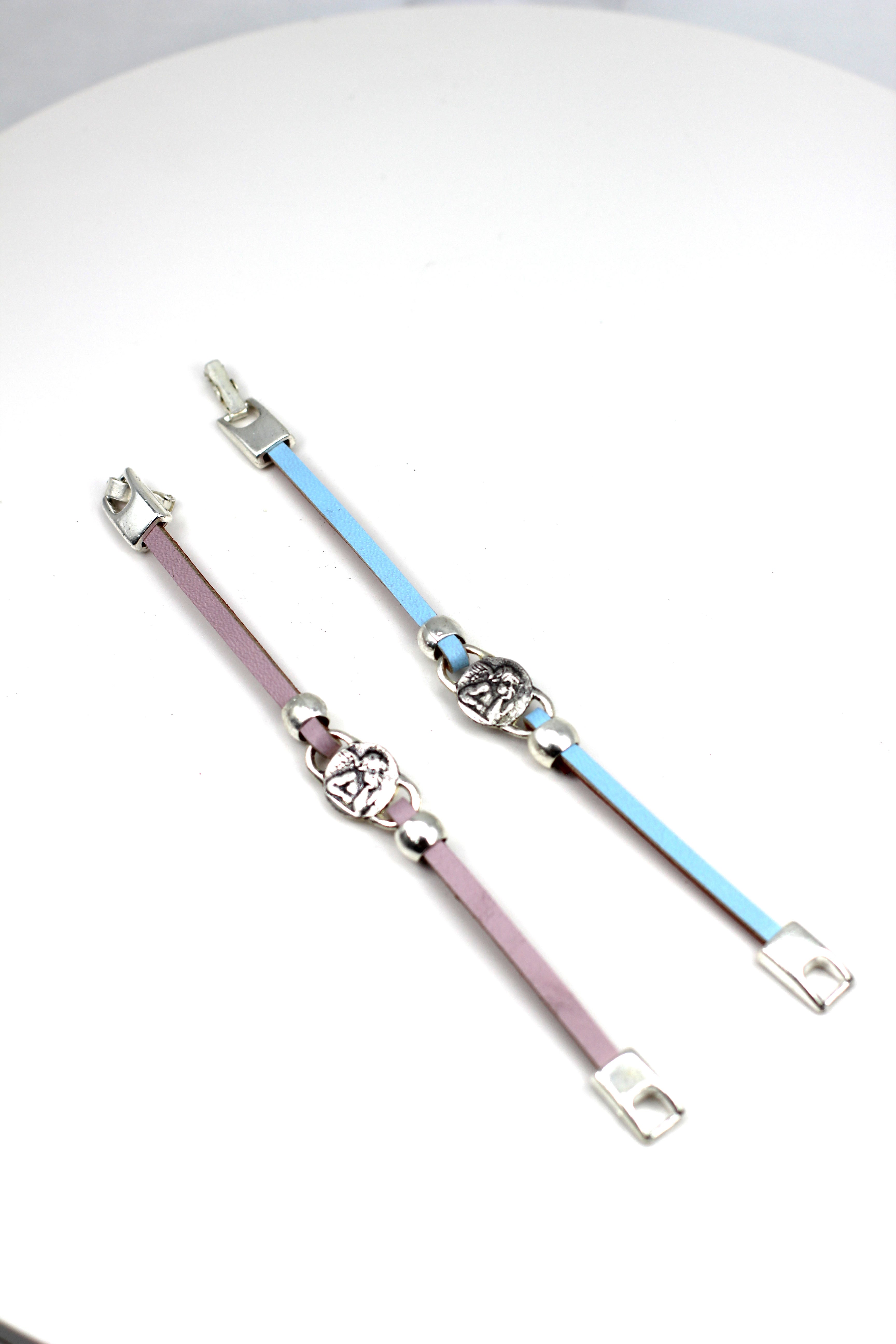 Girls Bracelet of  The Guardian Angel  handmade jewelry with a Single Leather Strap by Graciela's Collection
