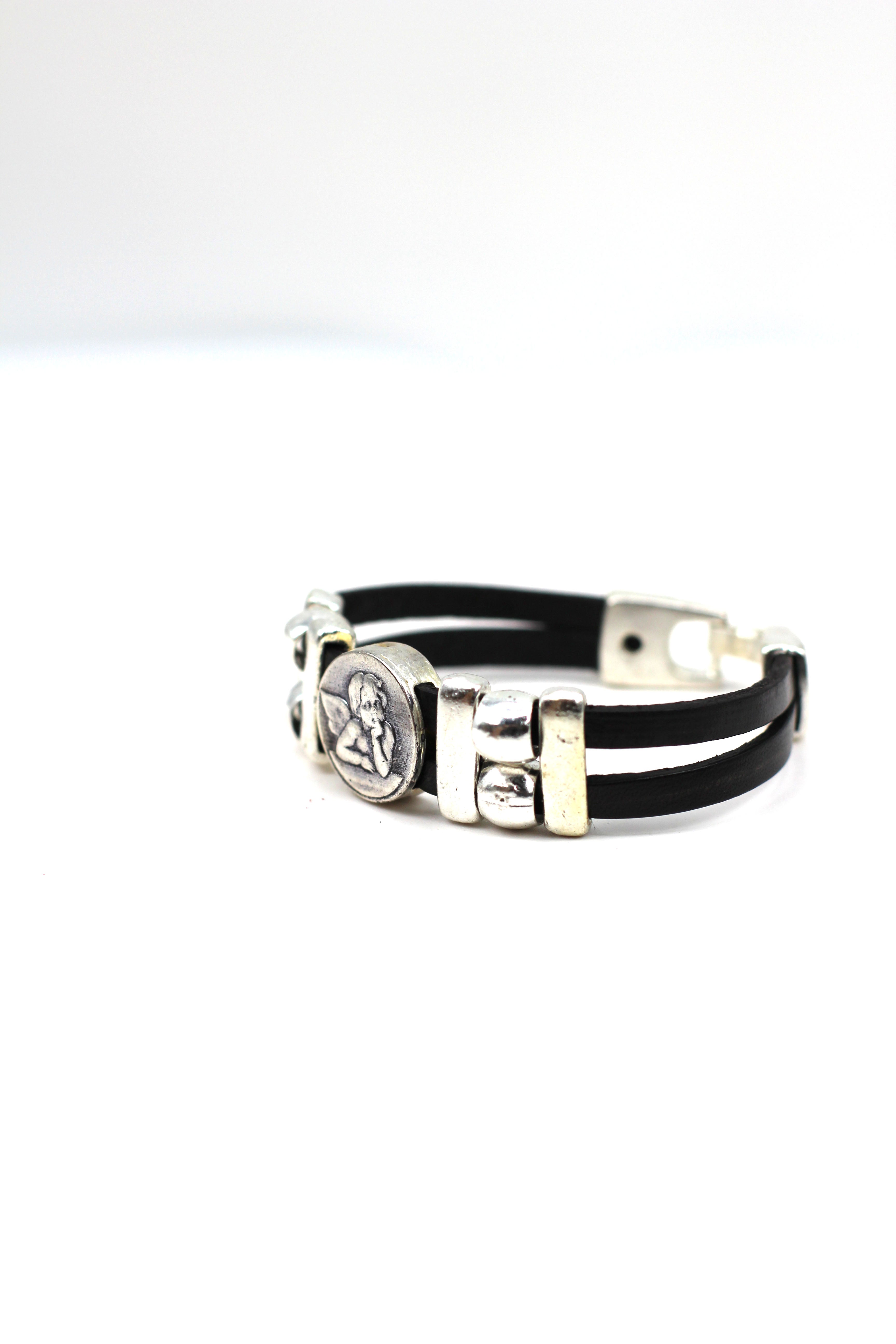 Bracelet of The Guardian Angel  handmade jewelry with Double Leather Straps by Graciela's Collection