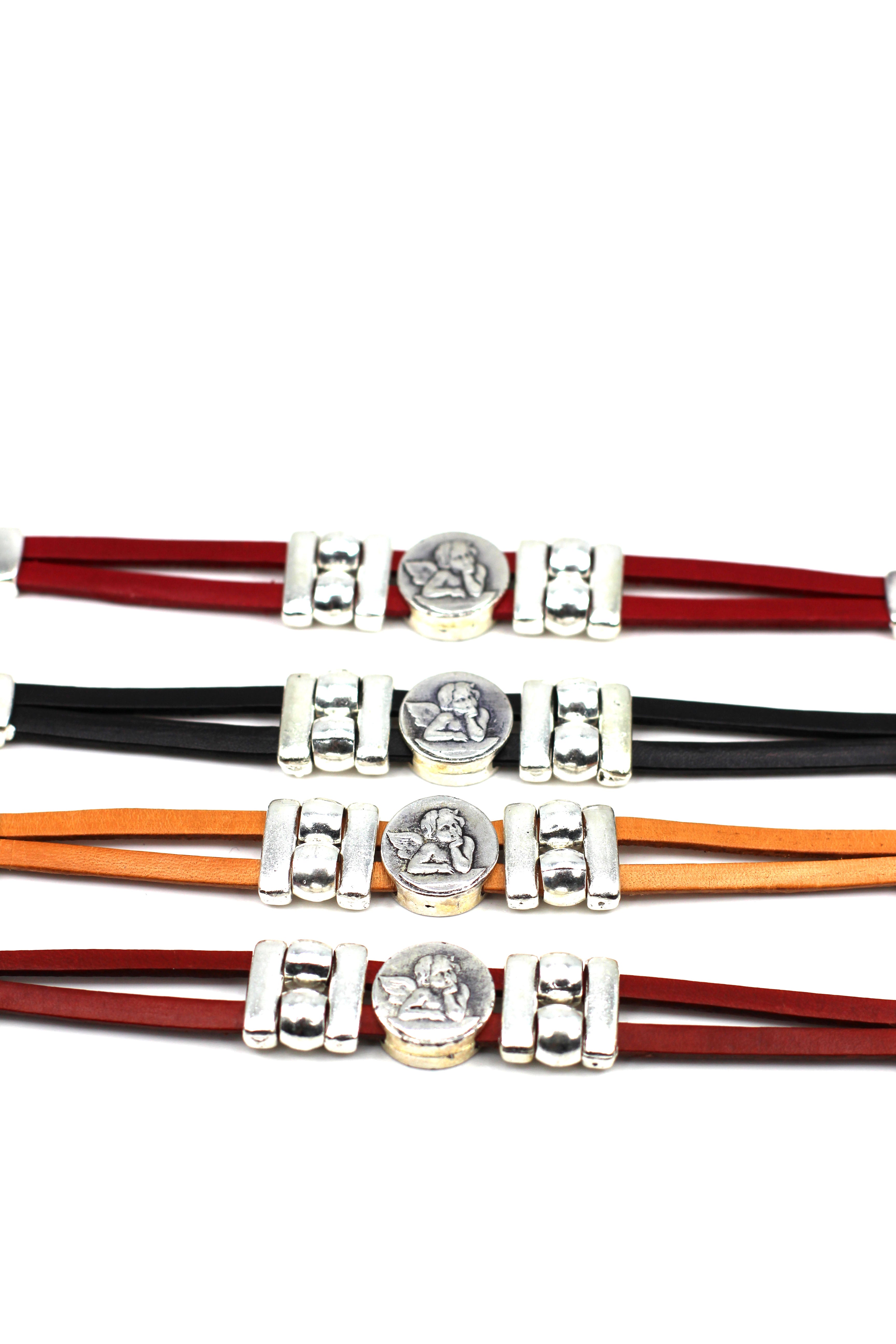 Bracelet of The Guardian Angel  handmade jewelry with Double Leather Straps by Graciela's Collection