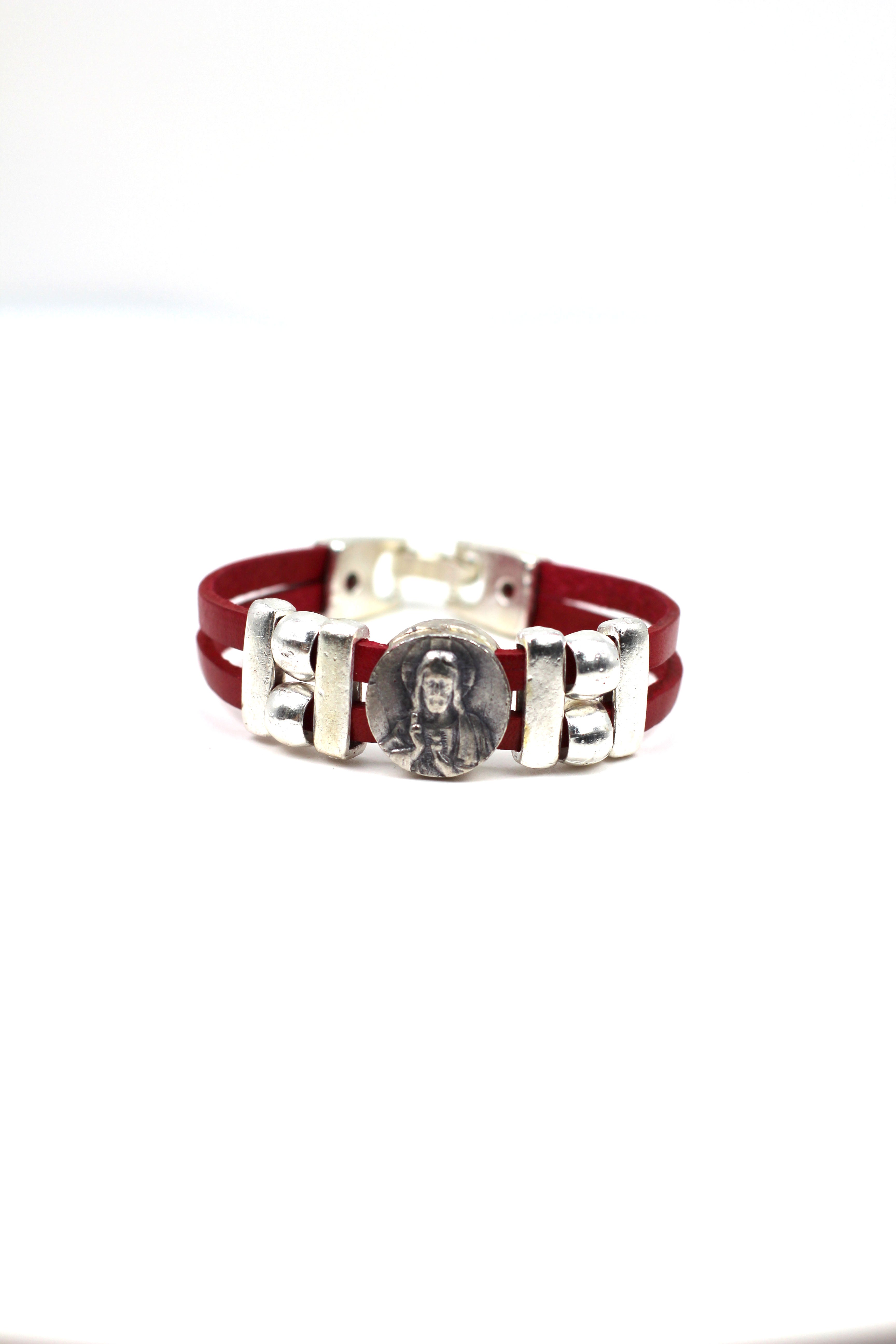 Vintage Sacred Heart bracelet handmade jewelry with Genuine Double Leather straps by Graciela's Collection