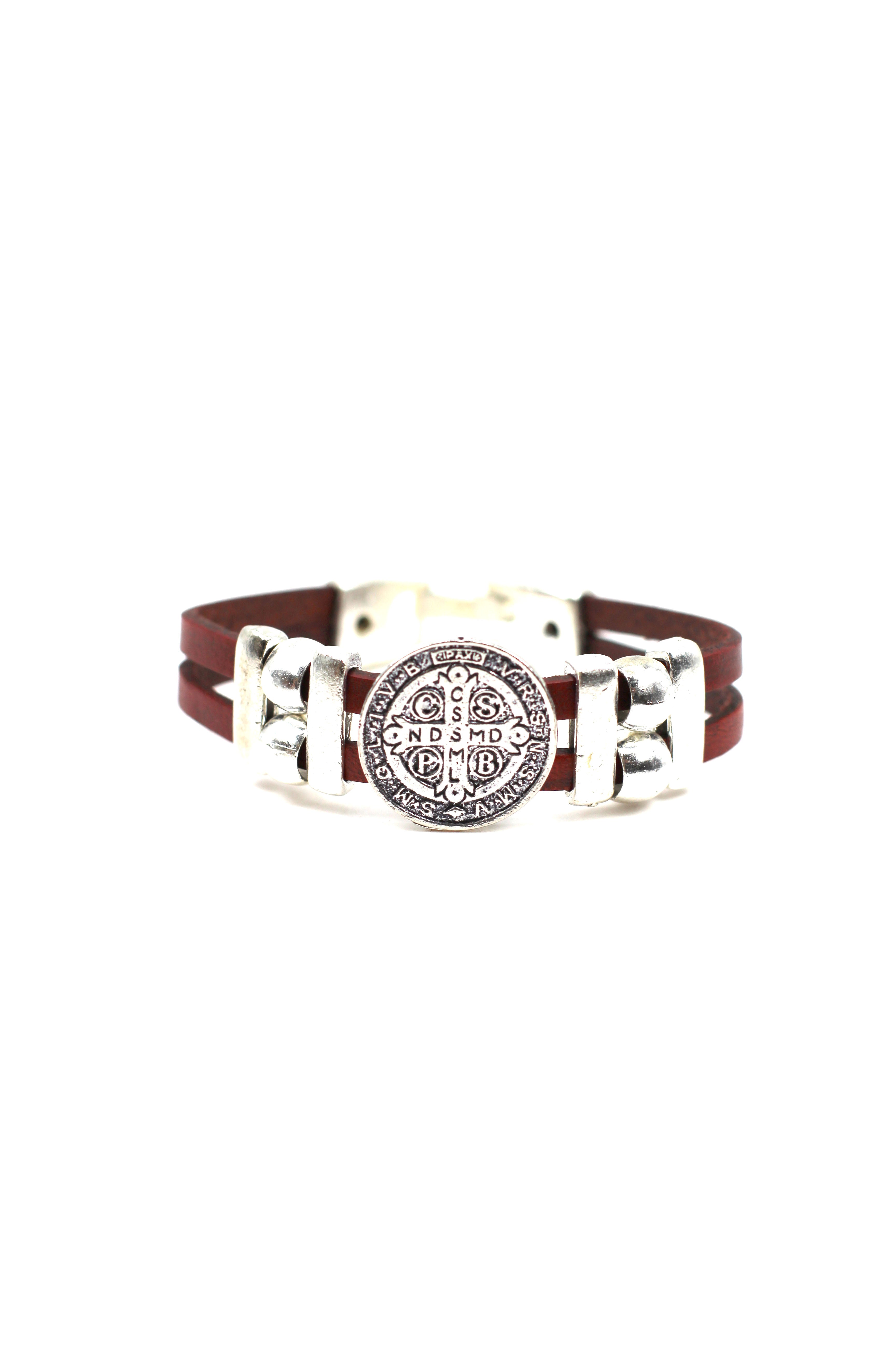 Vintage St. Benedict bracelet handmade jewelry with Double Leather Straps by Graciela's Collection