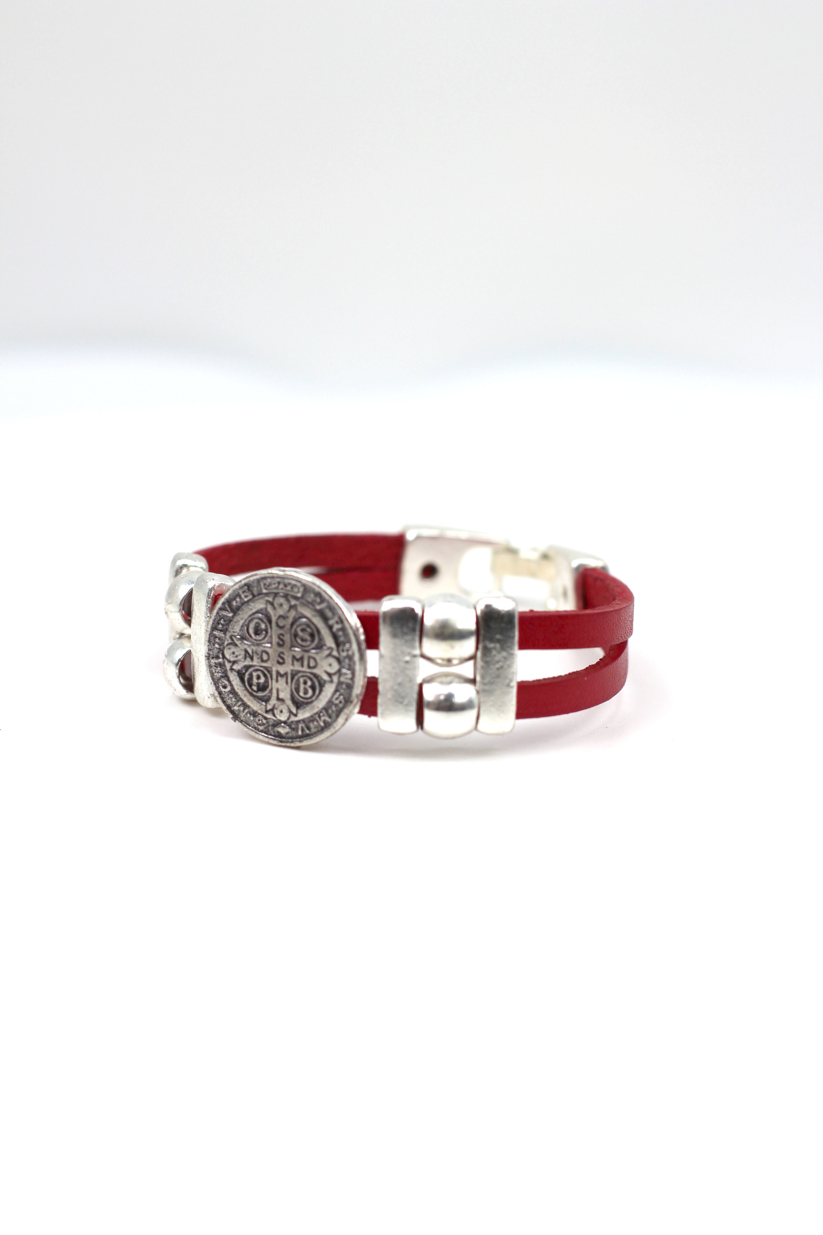 Vintage St. Benedict bracelet handmade jewelry with Double Leather Straps by Graciela's Collection