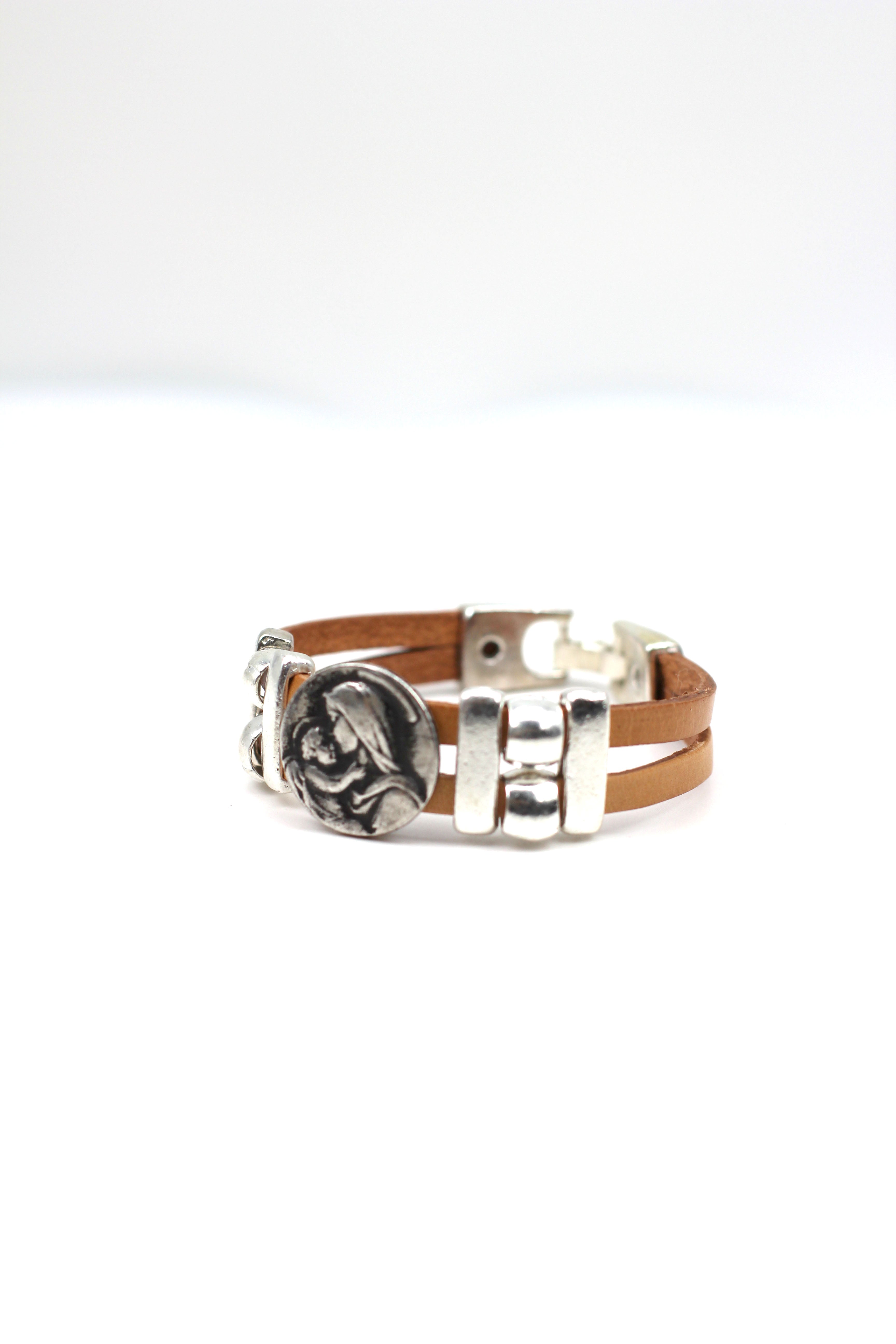 Bracelet of  The Madonna and Child Jesus bracelet handmade jewelry with Double Leather Straps by Graciela's Collection