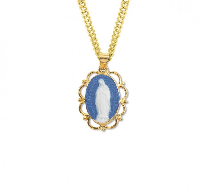 Dark Blue Gold Over Sterling Silver Our Lady of Guadalupe Cameo Medal