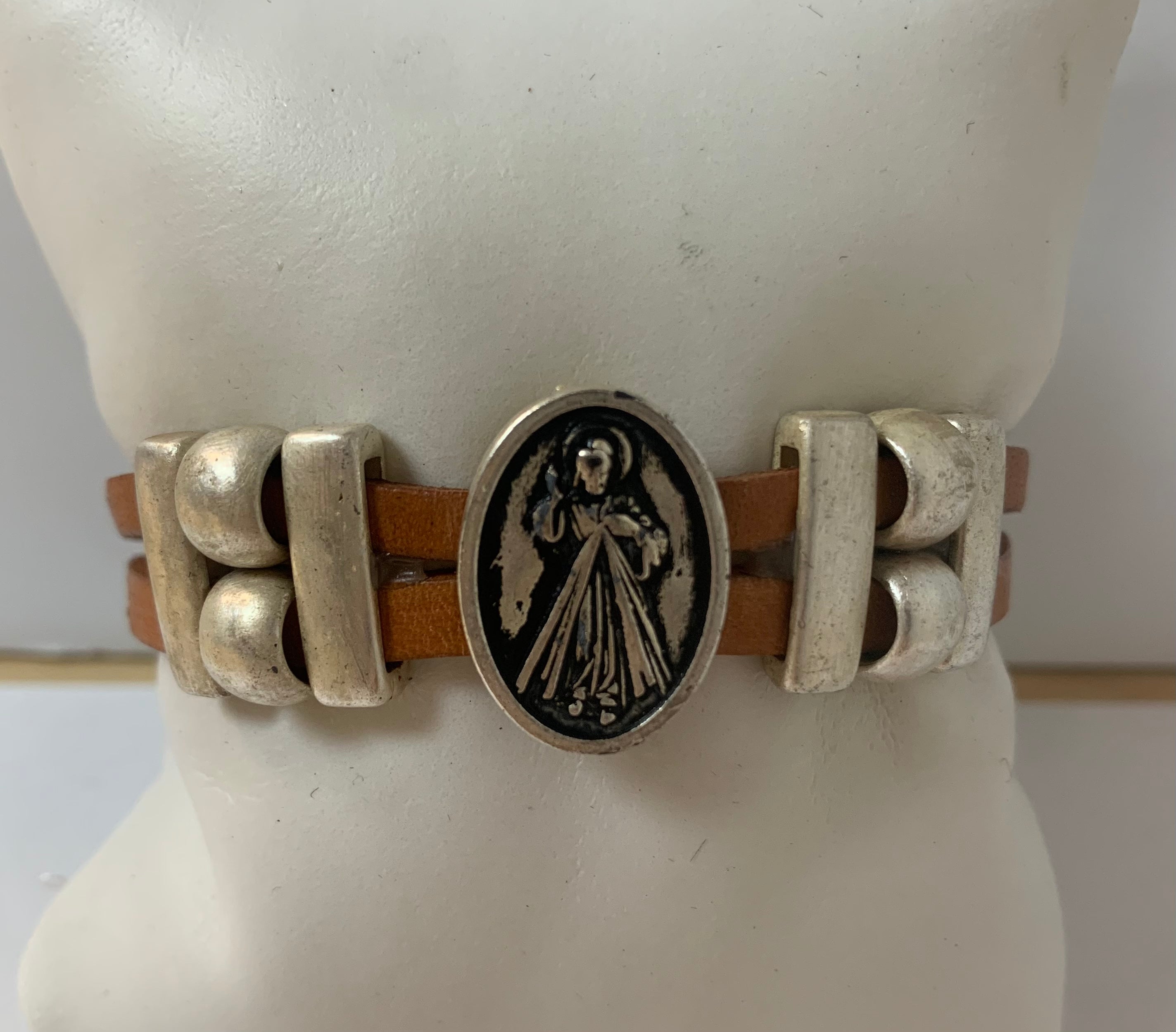 Bracelet of Divine Mercy Medal handmade jewelry with Double Leather Straps by Graciela's Collection