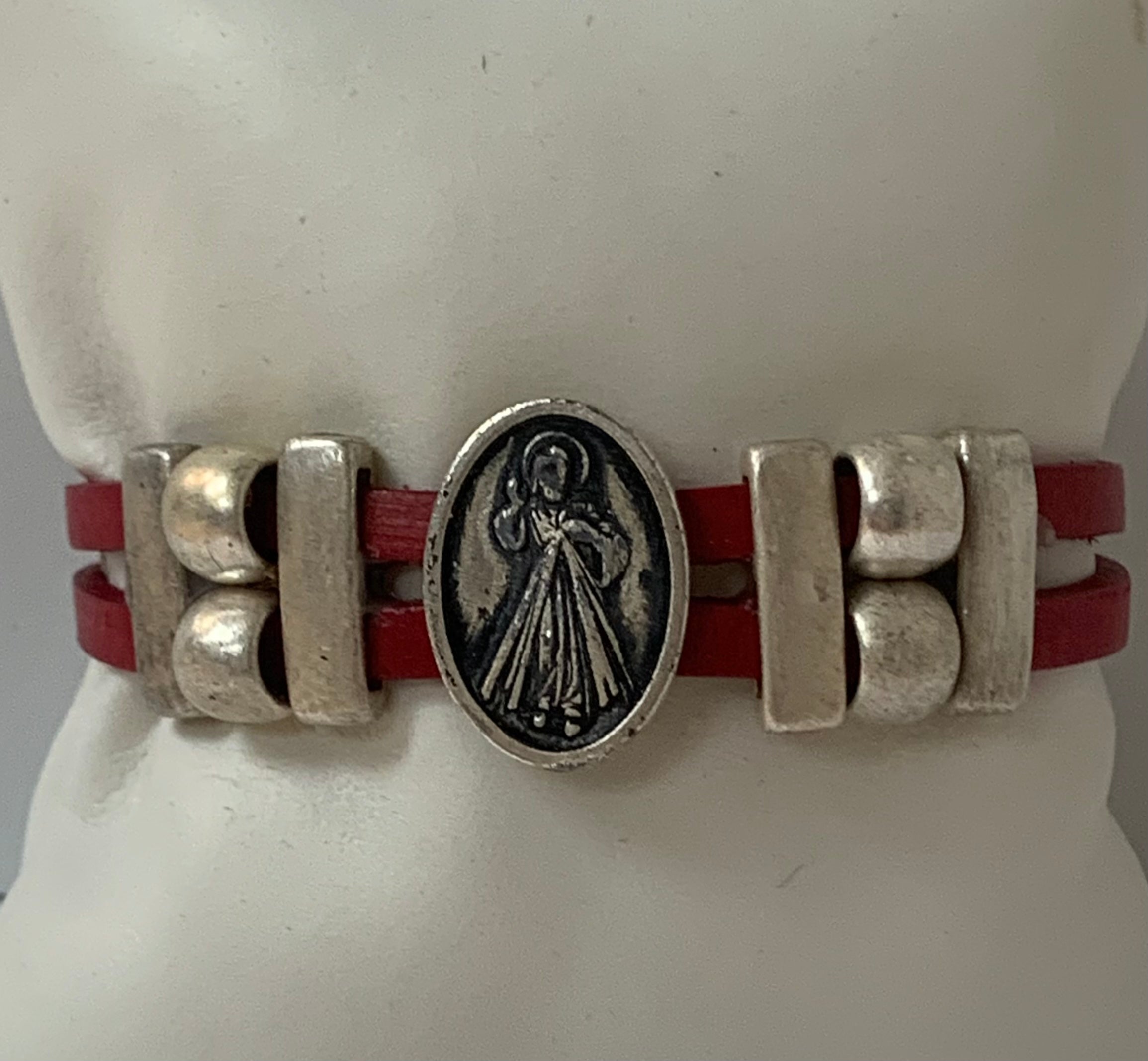 Bracelet of Divine Mercy Medal handmade jewelry with Double Leather Straps by Graciela's Collection