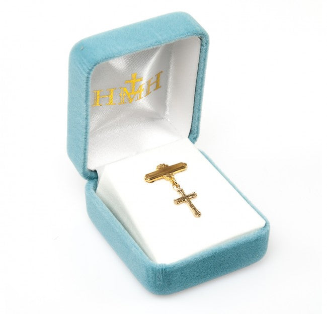 Gold Over Sterling Silver Baby Cross on a Bar Pin