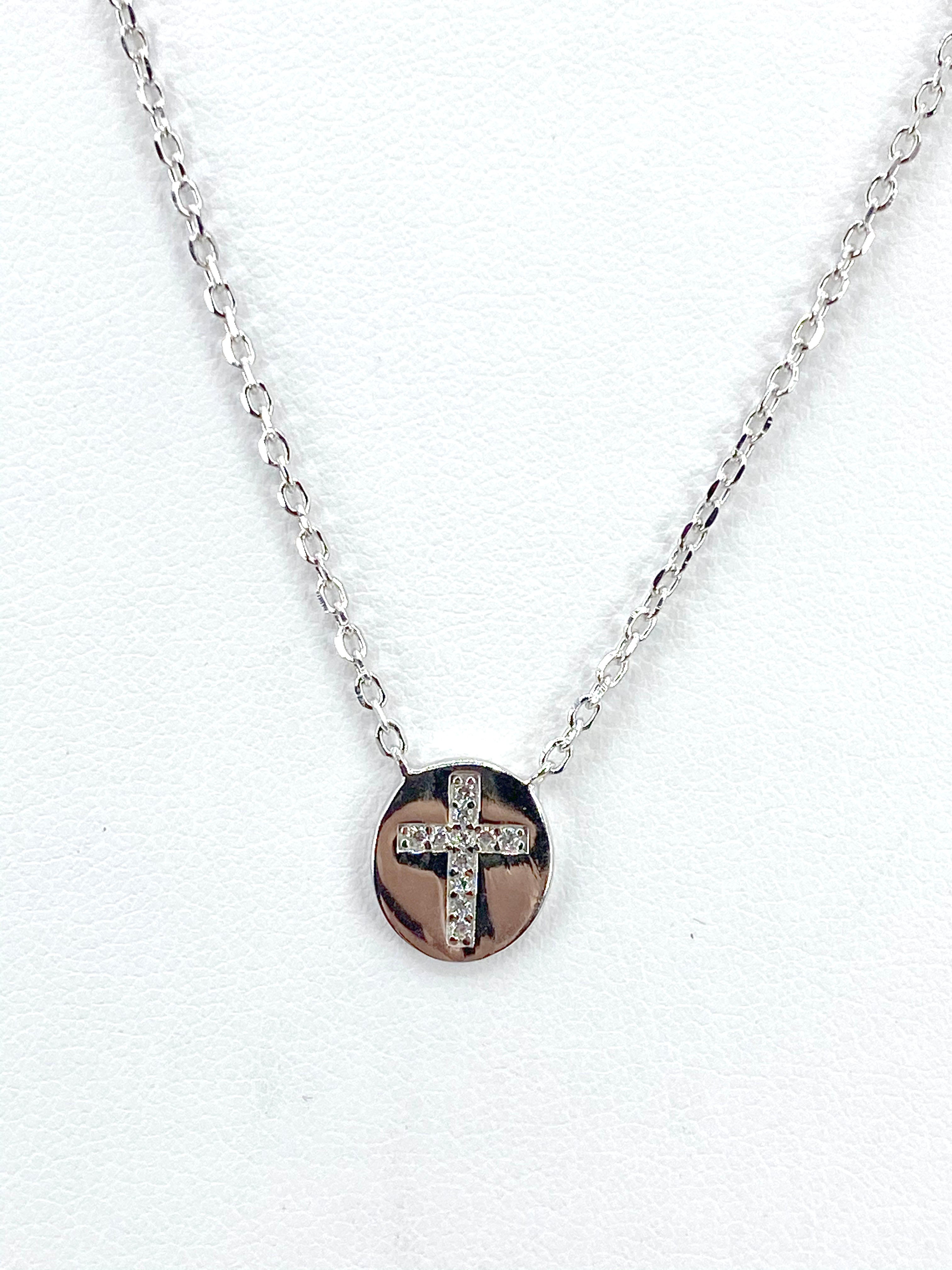 Sterling Silver 925 Small Clear Medal Cross Necklace