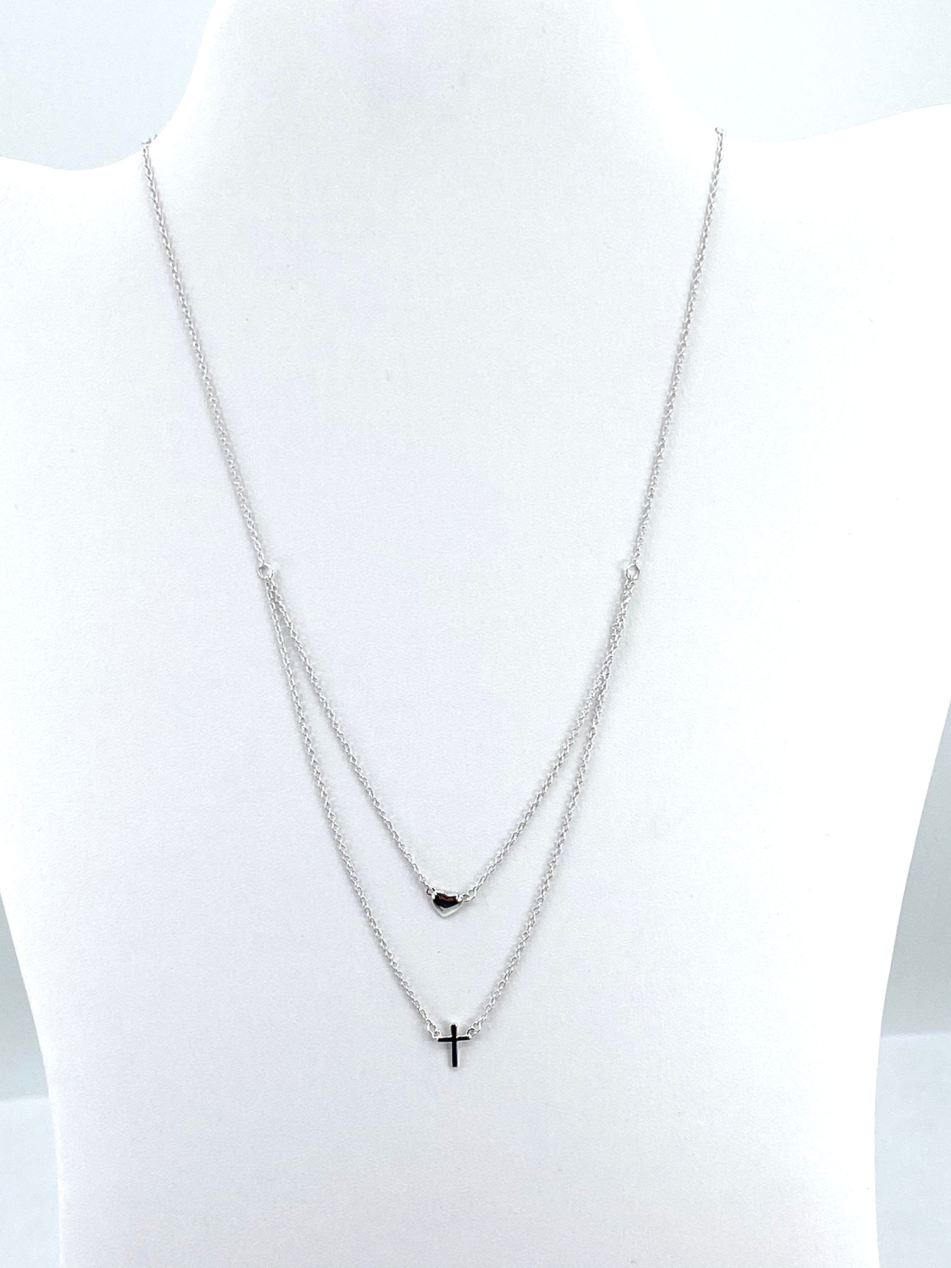 Sterling Silver 925 Rhodium Plated Double Strand Heart and Cross Necklace
