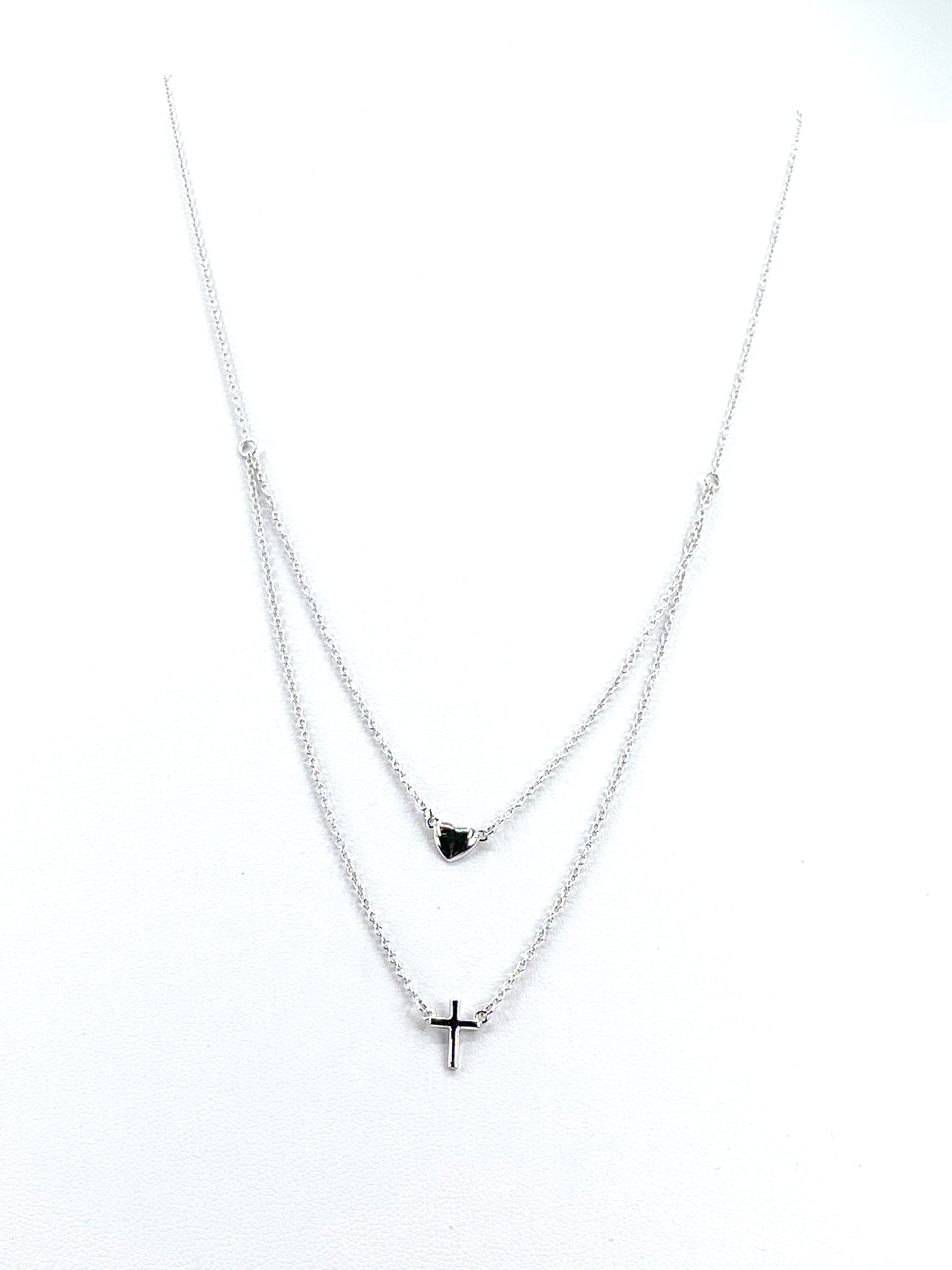 Sterling Silver 925 Rhodium Plated Double Strand Heart and Cross Necklace
