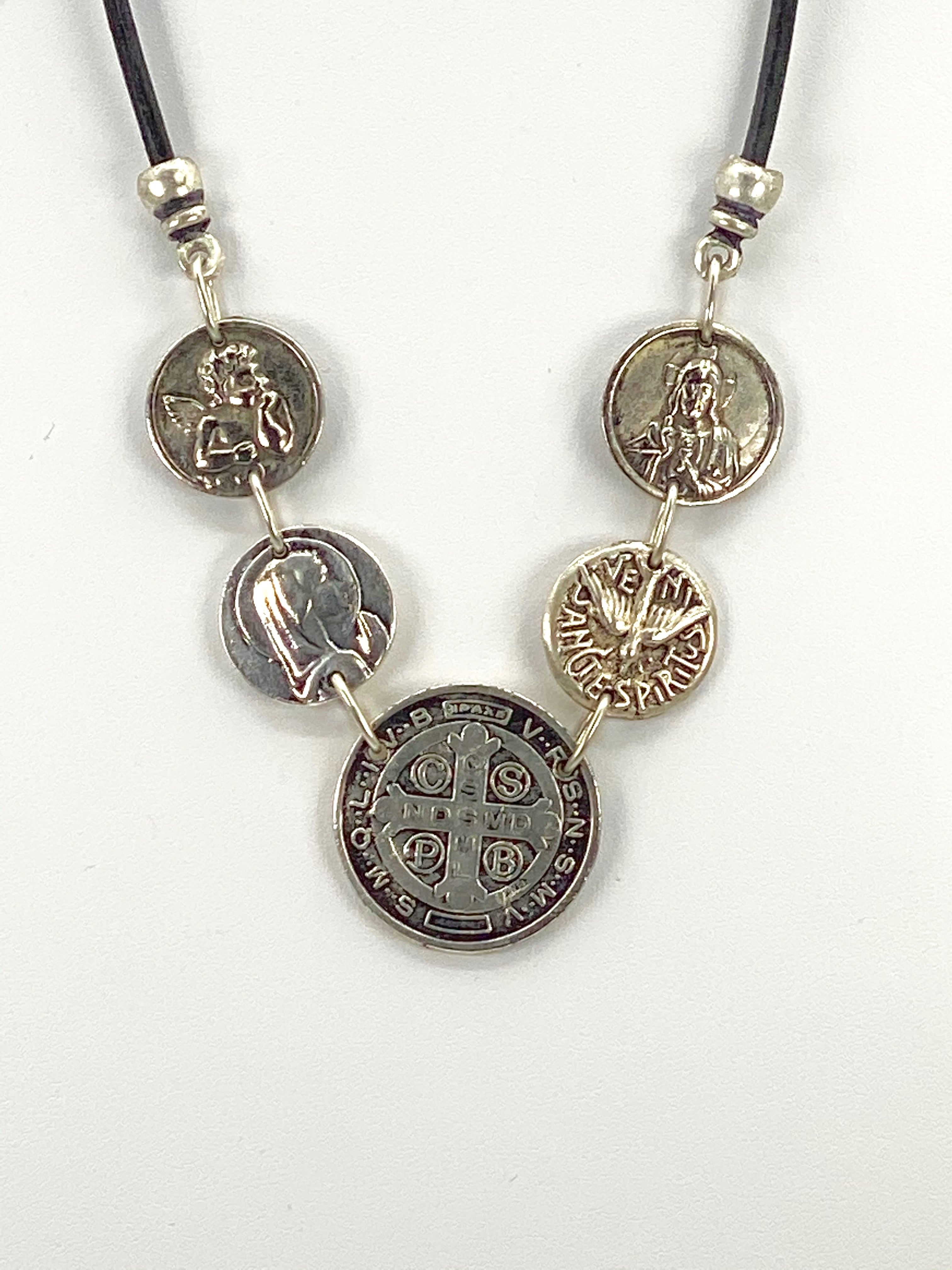 Vintage Necklace of St. Benedict, Virgin Mary, Sacred Heart of Jesus, Holy Spirit and Guardian Angel - Handmade Jewelry with Genuine Leather Strap by Graciela's Collection