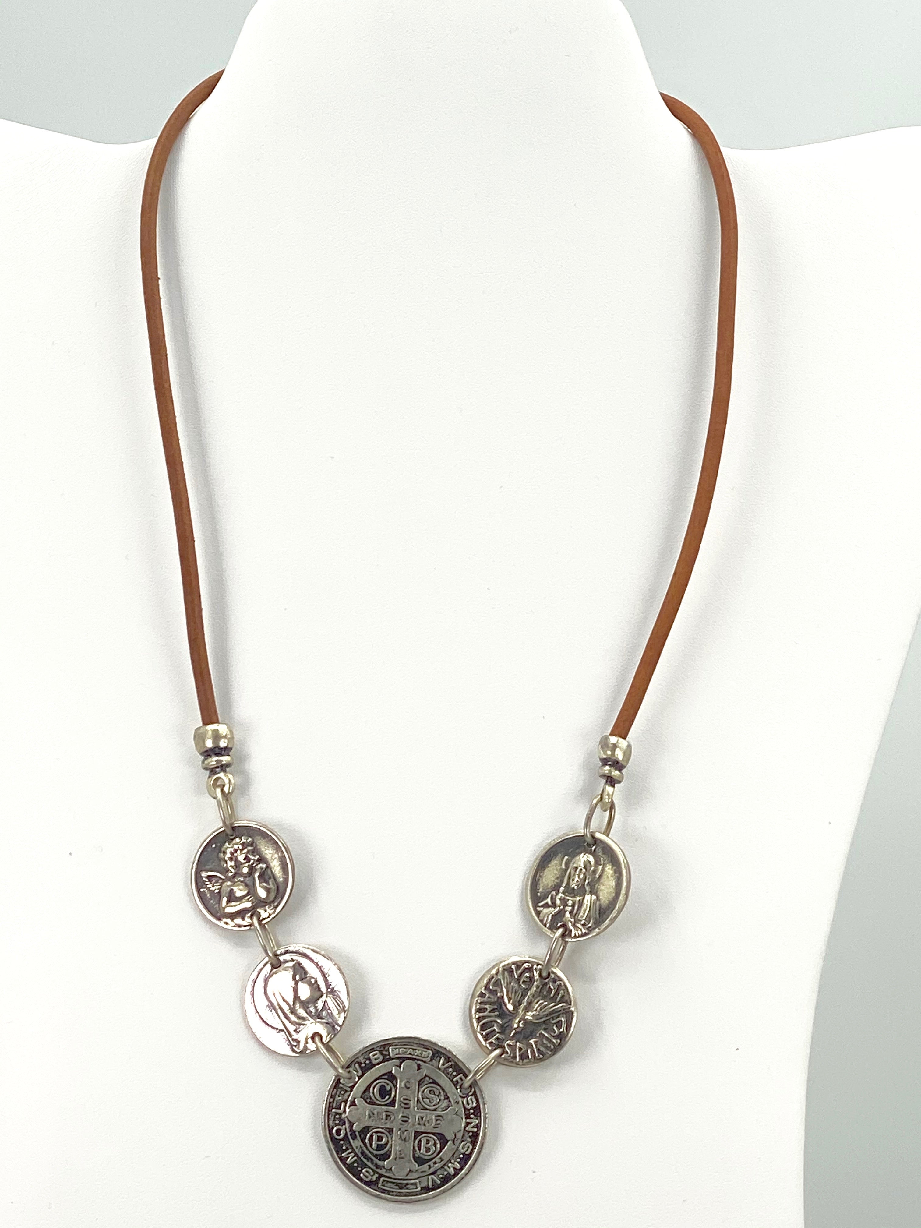 Vintage Necklace of St. Benedict, Virgin Mary, Sacred Heart of Jesus, Holy Spirit and Guardian Angel - Handmade Jewelry with Genuine Leather Strap by Graciela's Collection