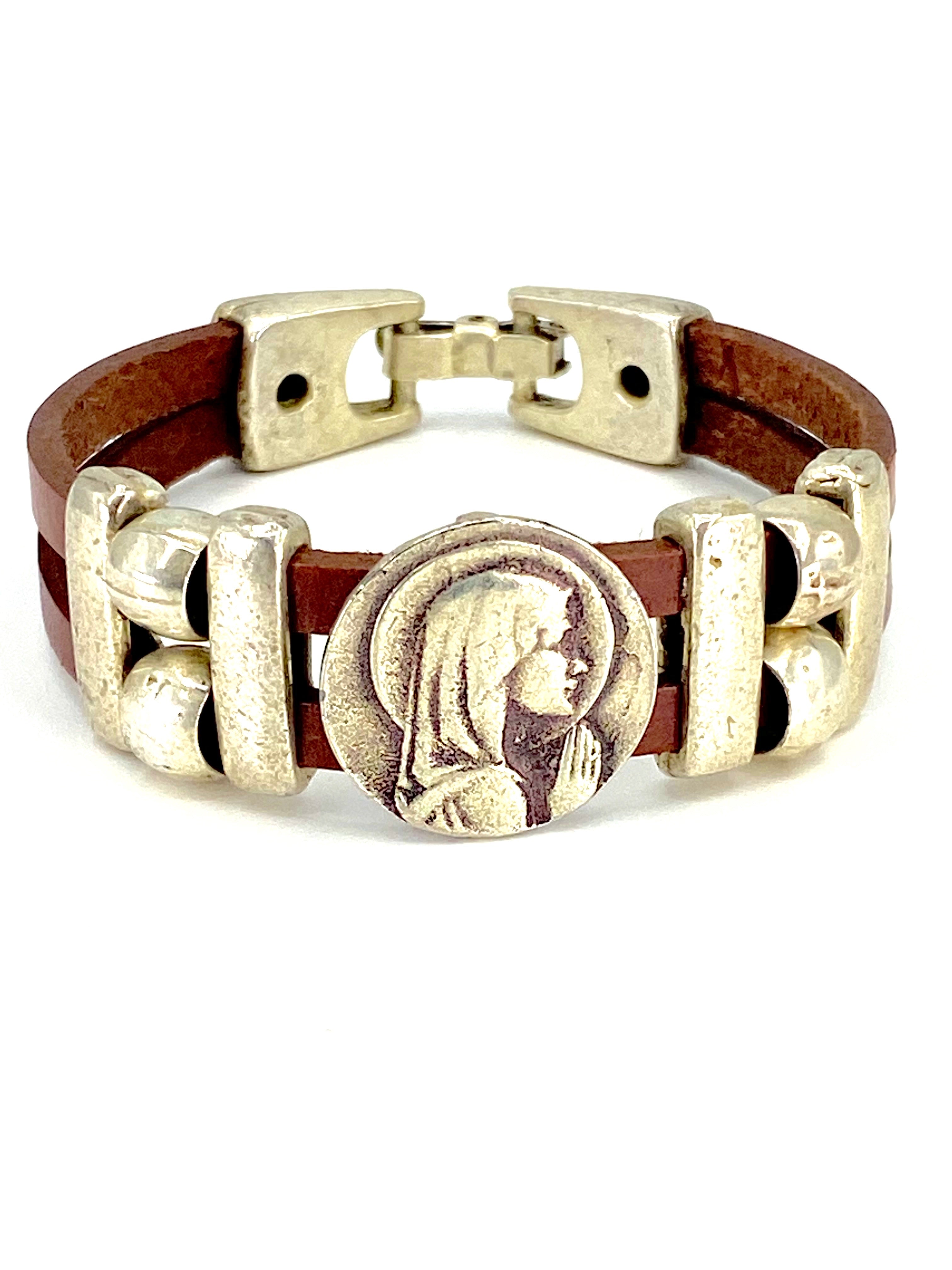 Vintage Virgen Mary bracelet handmade jewelry with Double Leather strap by Graciela's Collection