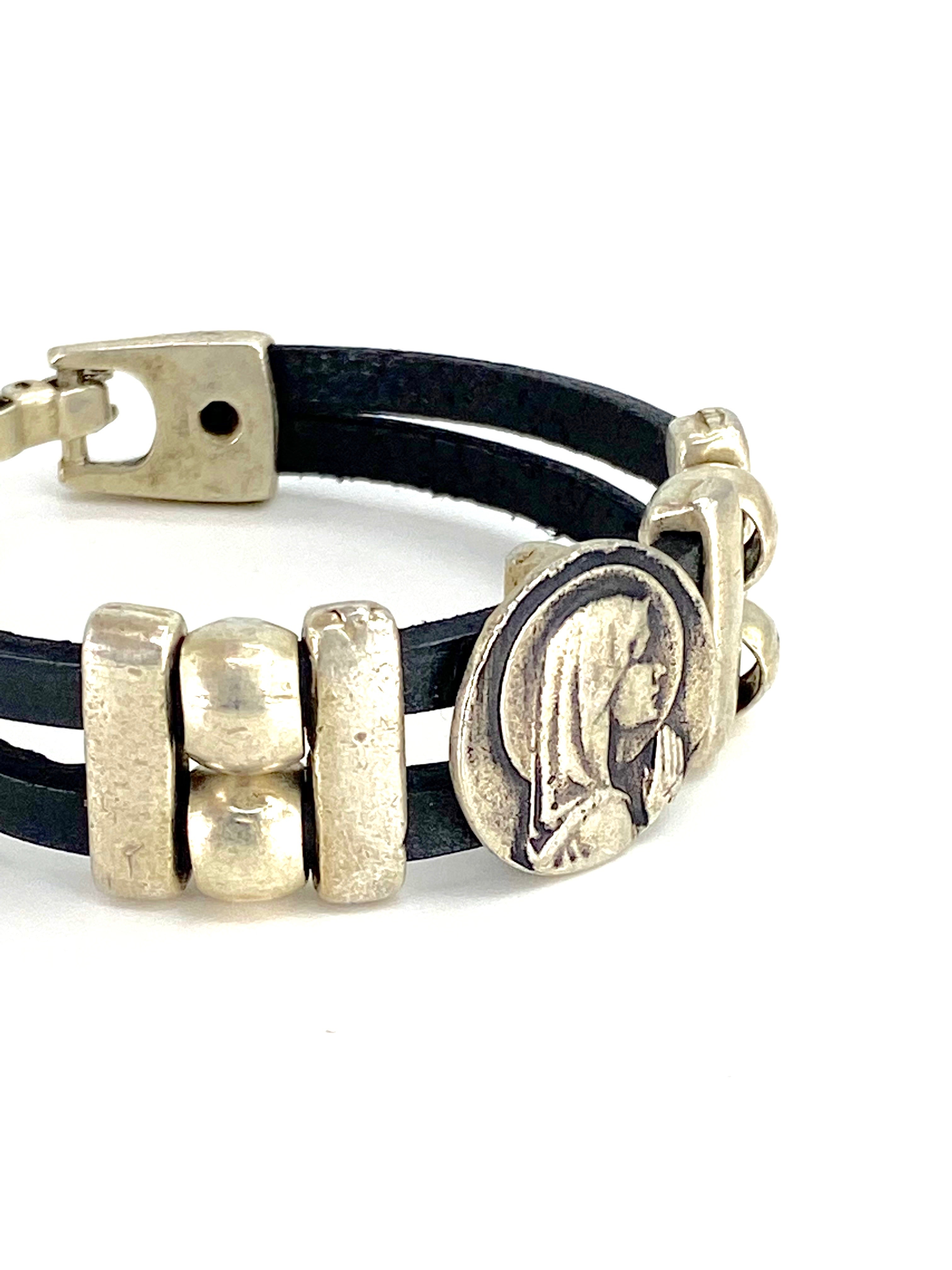 Vintage Virgen Mary bracelet handmade jewelry with Double Leather strap by Graciela's Collection