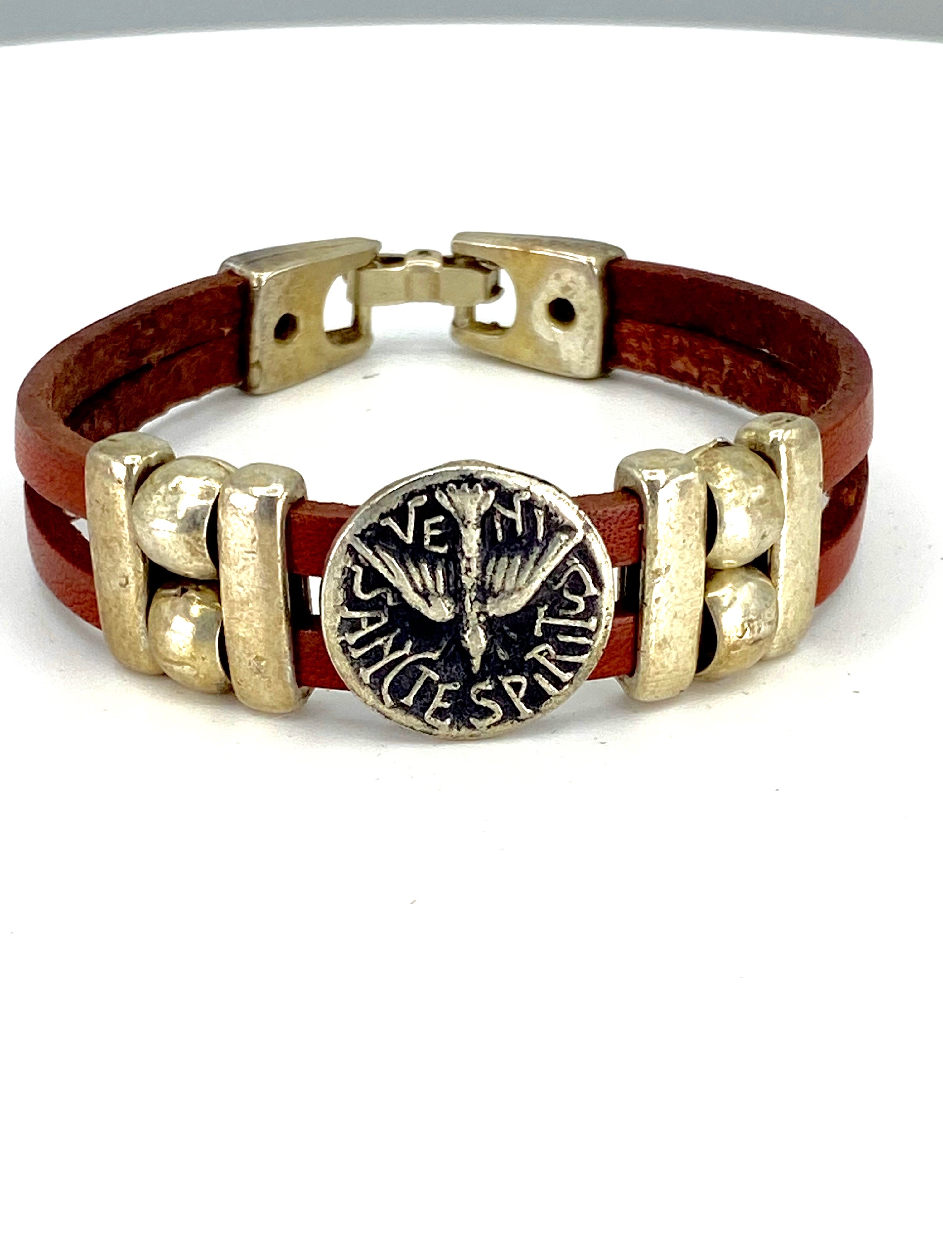 Vintage The Holy Spirit Bracelet handmade jewelry with Leather straps  by Graciela's Collection