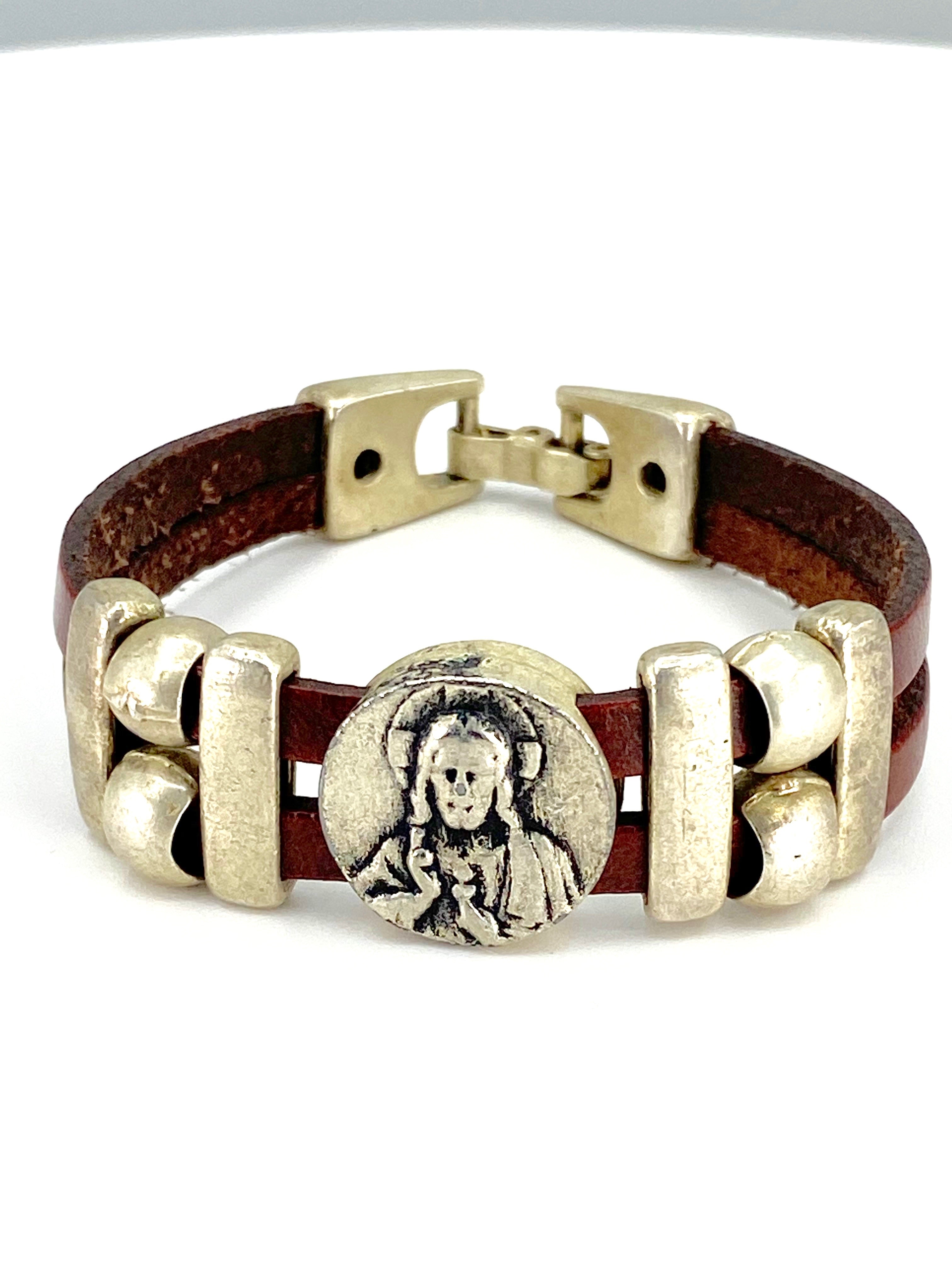 Vintage Sacred Heart bracelet handmade jewelry with Genuine Double Leather straps by Graciela's Collection