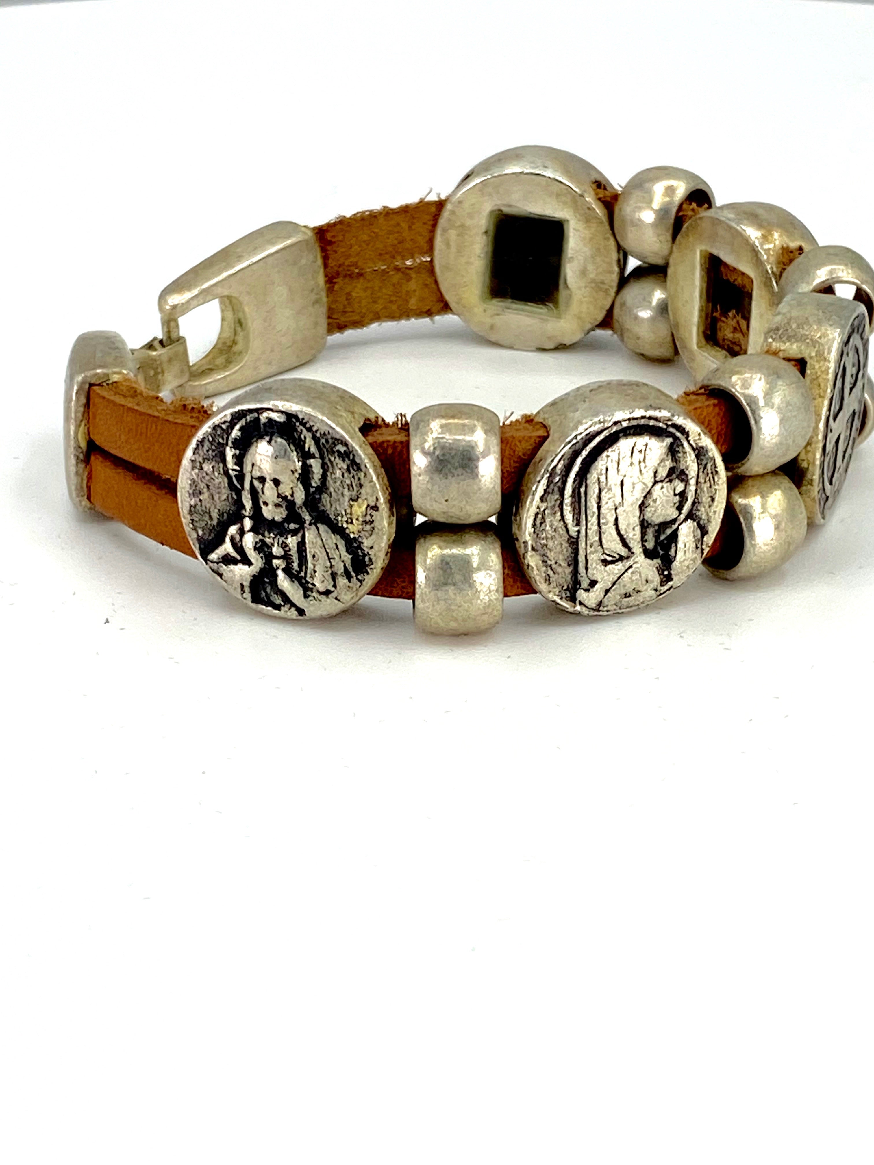 Vintage Bracelet with Double Leather Strap and Medals of The Virgen Mary, St. Benedict, Sacred Heart of Jesus, Guardian Angel, and Holy Spirit  handmade jewelry by Graciela's Collection