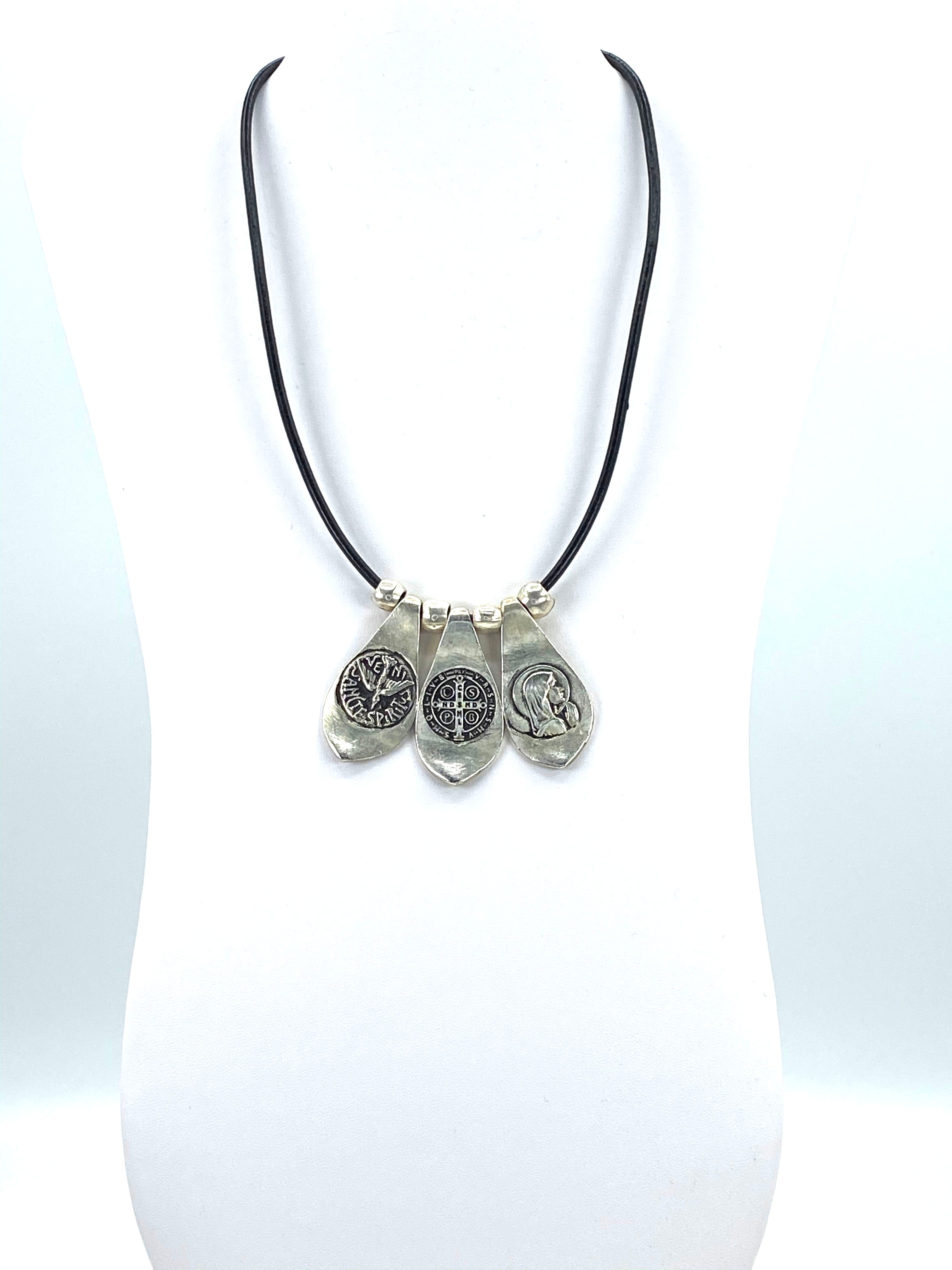 Vintage Necklace of The Virgin Mary, St Benedict, and the Holy Spirit.  Handmade Jewelry by Graciela's Collection