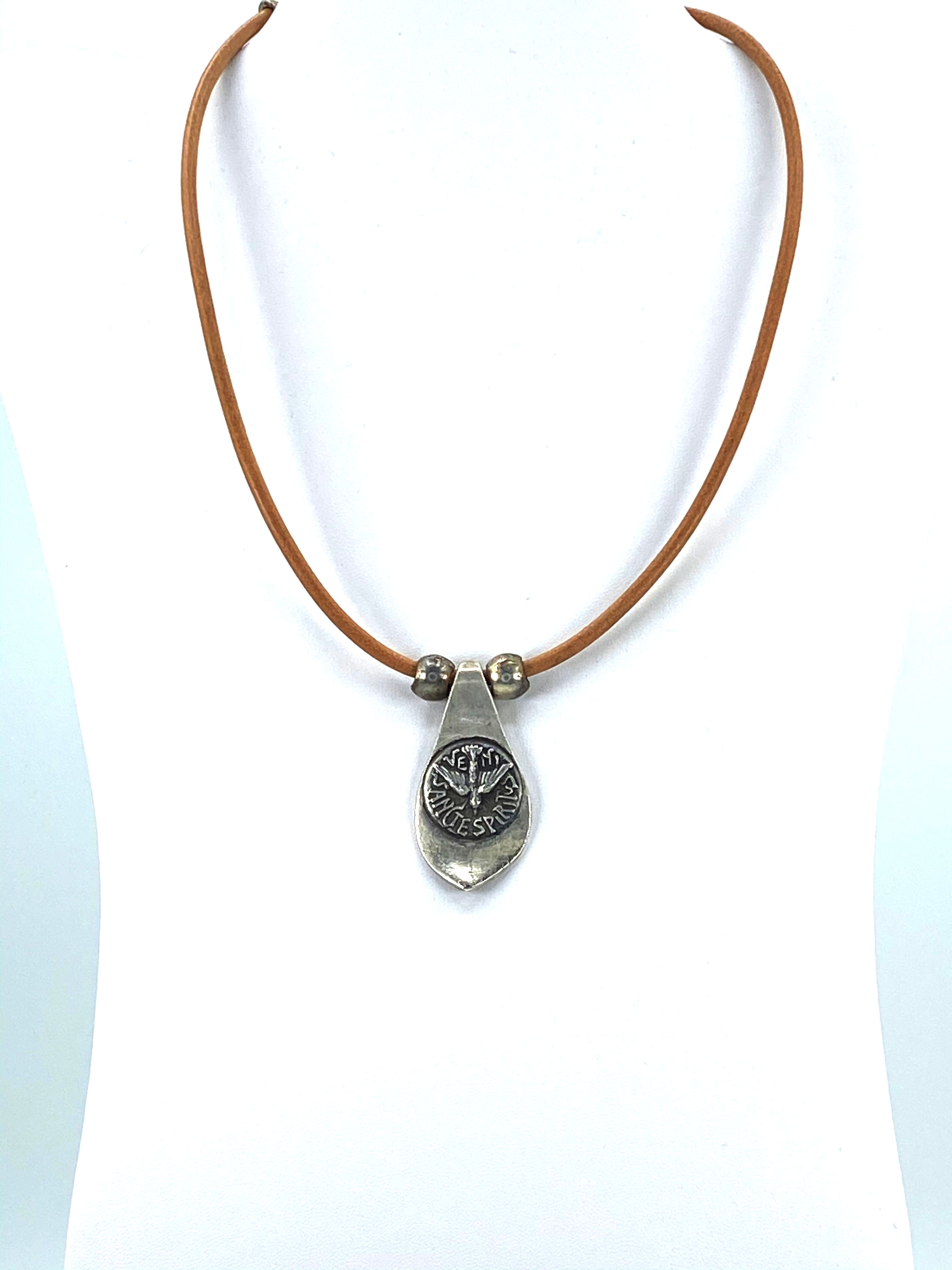 Vintage Necklace of The Holy Spirit Handmade Jewelry with Genuine Leather Strap by Graciela's Collection