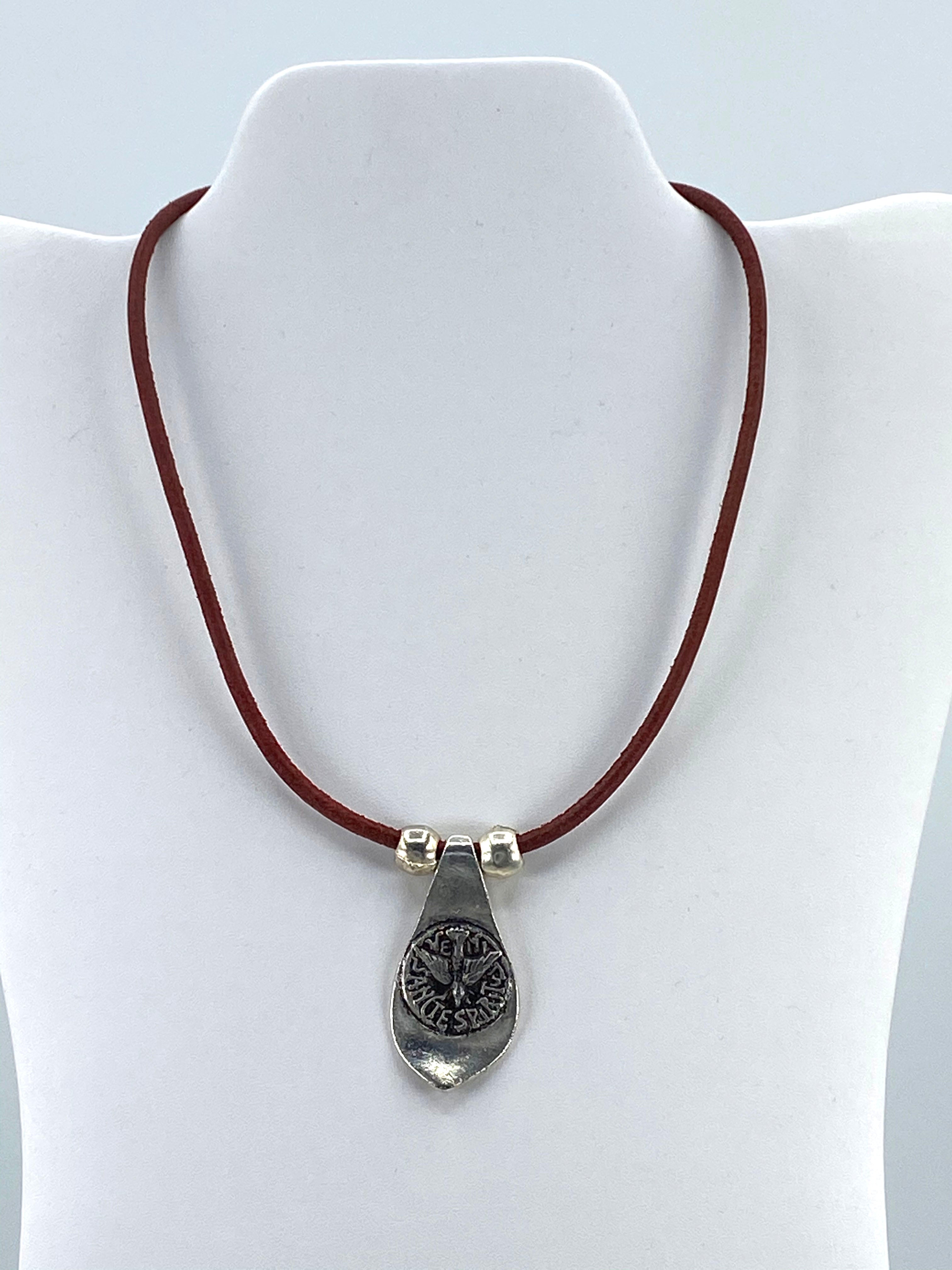 Vintage Necklace of The Holy Spirit Handmade Jewelry with Genuine Leather Strap by Graciela's Collection