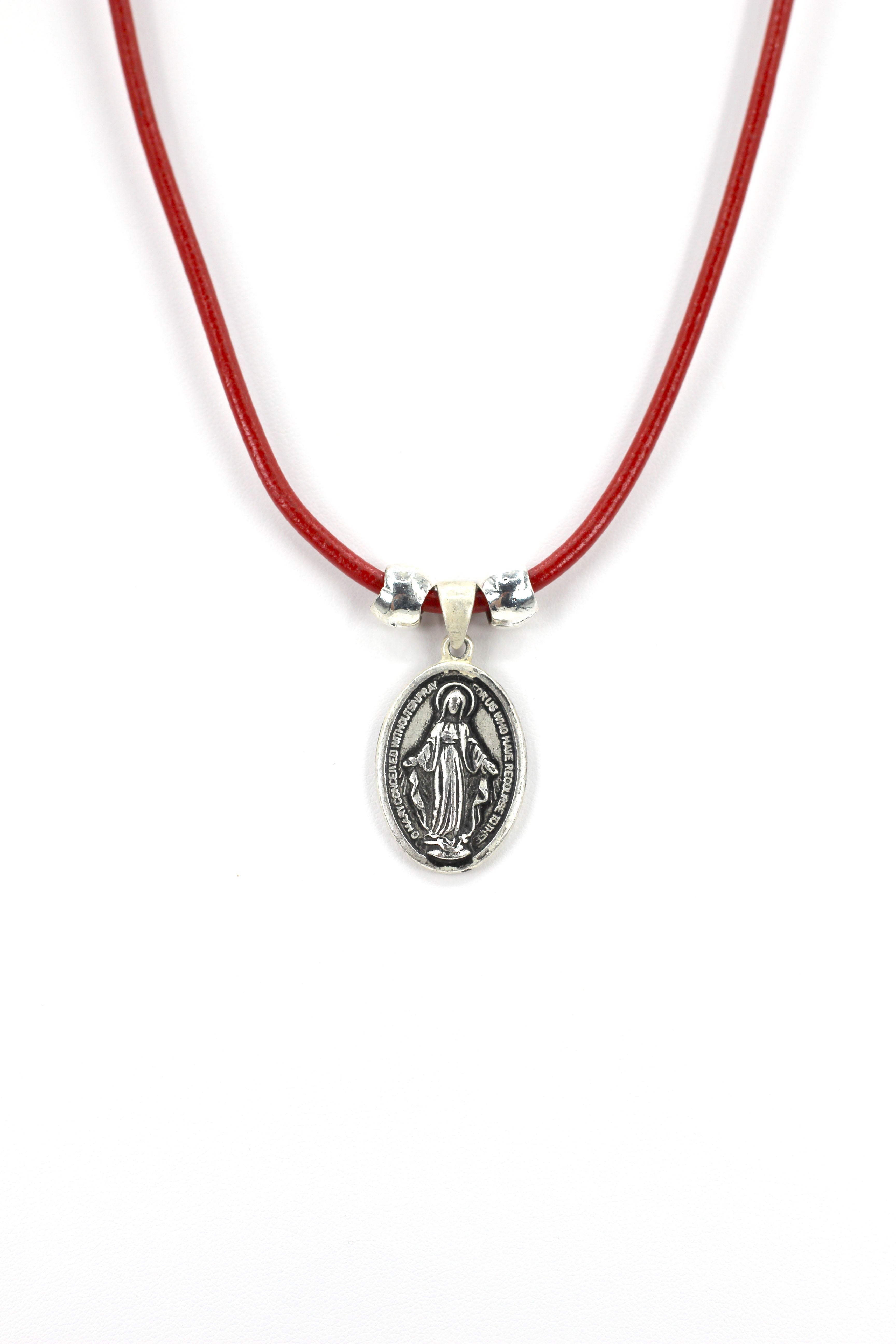 Vintage Necklace of The Miraculous Virgen Mary Handmade Oval Shape  Jewelry with Genuine Leather strap by Graciela's Collection