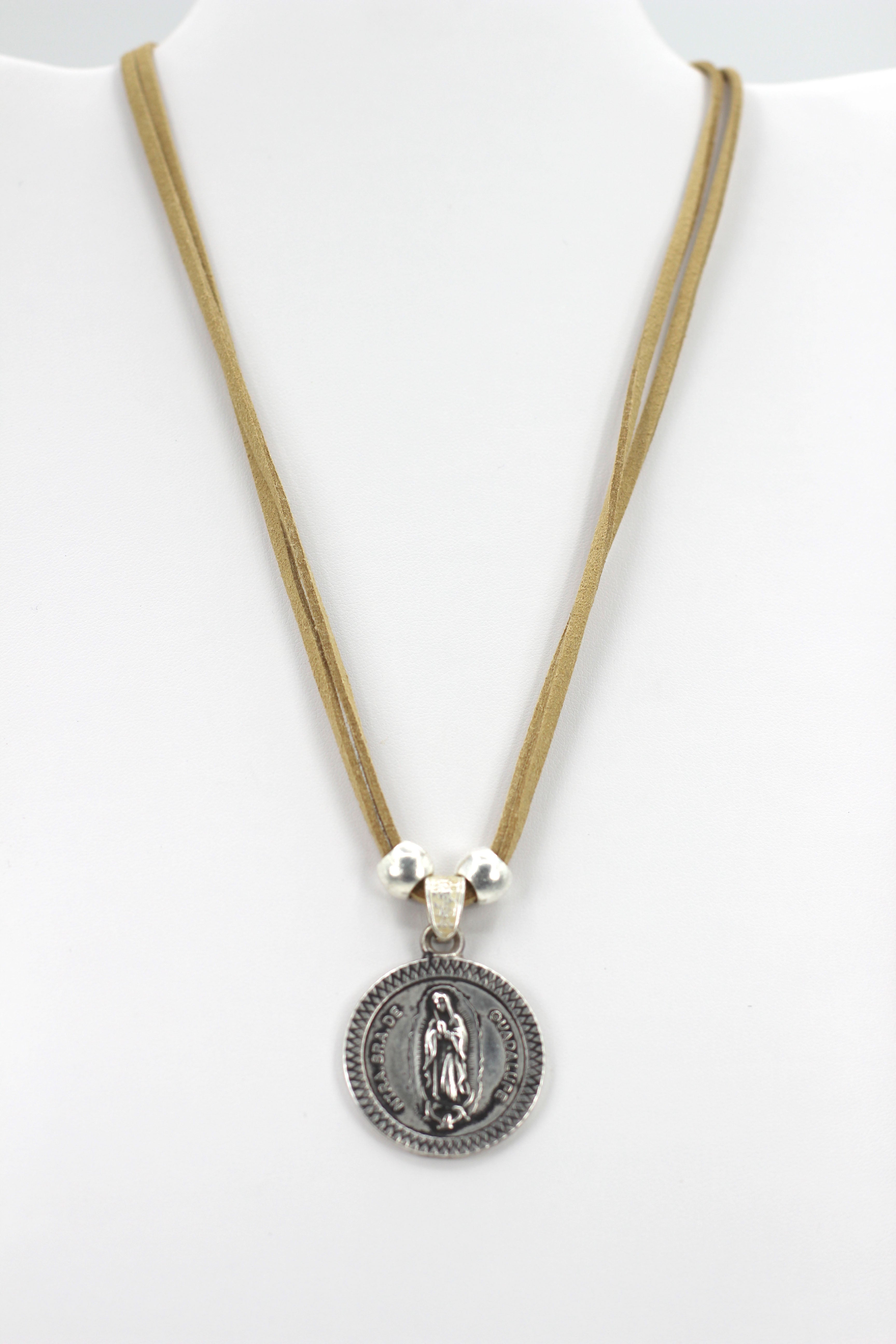 Vintage Medallion Necklace of Our Lady Of Guadalupe - Nuestra Sra de Guadalupe Jewelry with Genuine Leather strap by Graciela's Collection