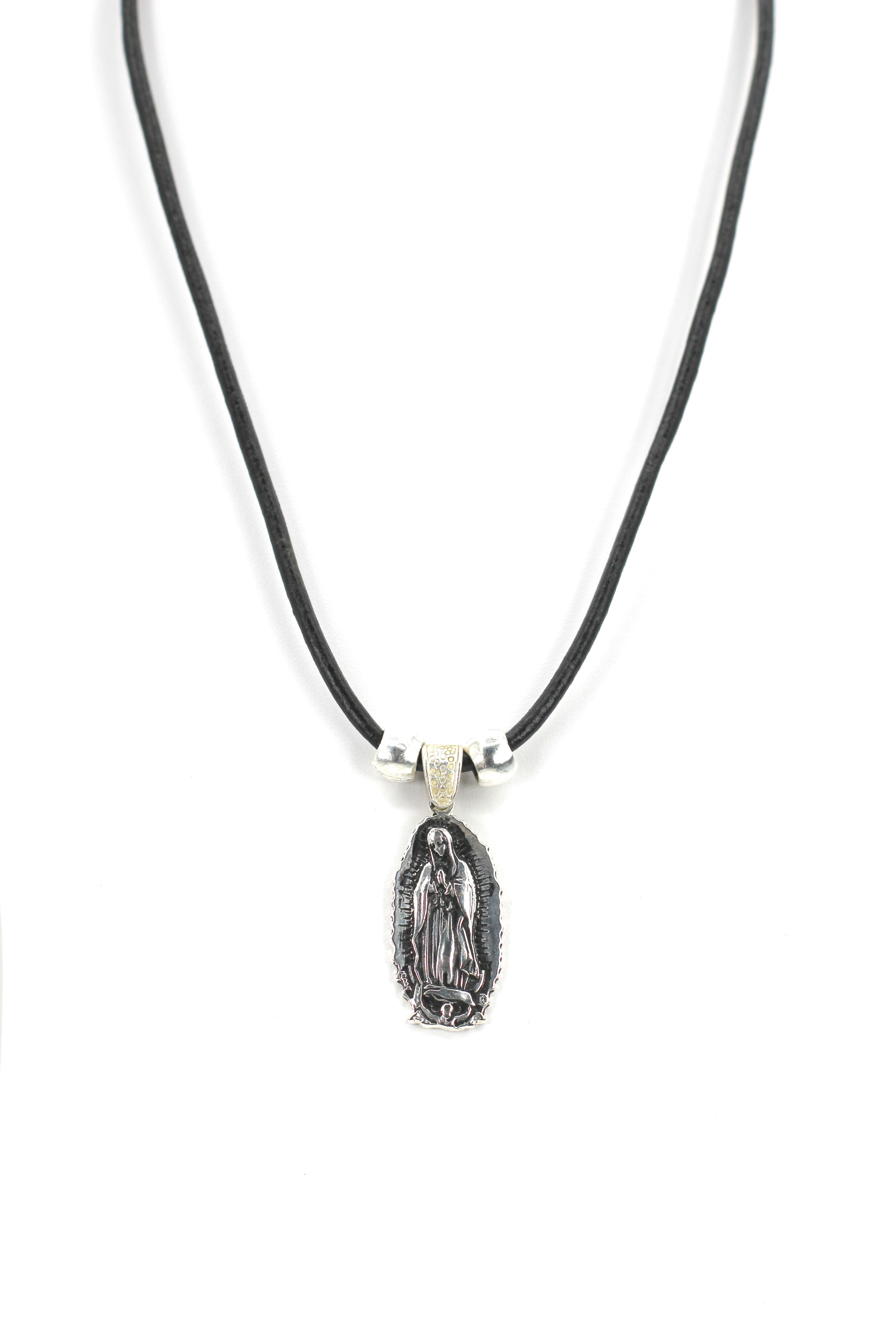 Vintage Necklace of Our Lady Of Guadalupe - Nuestra Sra de Guadalupe Oval Shape Jewelry with Genuine Leather strap by Graciela's Collection