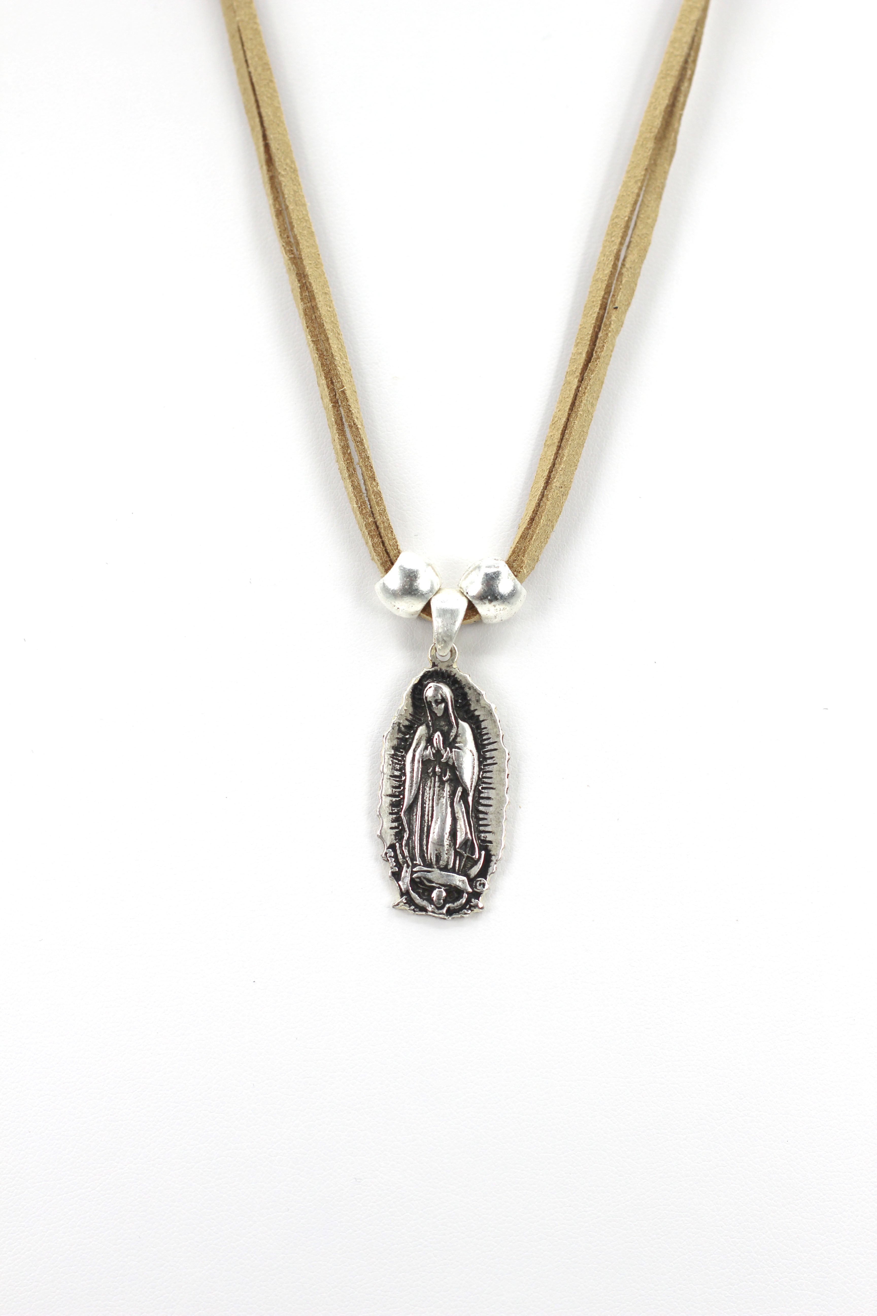 Vintage Necklace of Our Lady Of Guadalupe - Nuestra Sra de Guadalupe Oval Shape Jewelry with Genuine Leather strap by Graciela's Collection