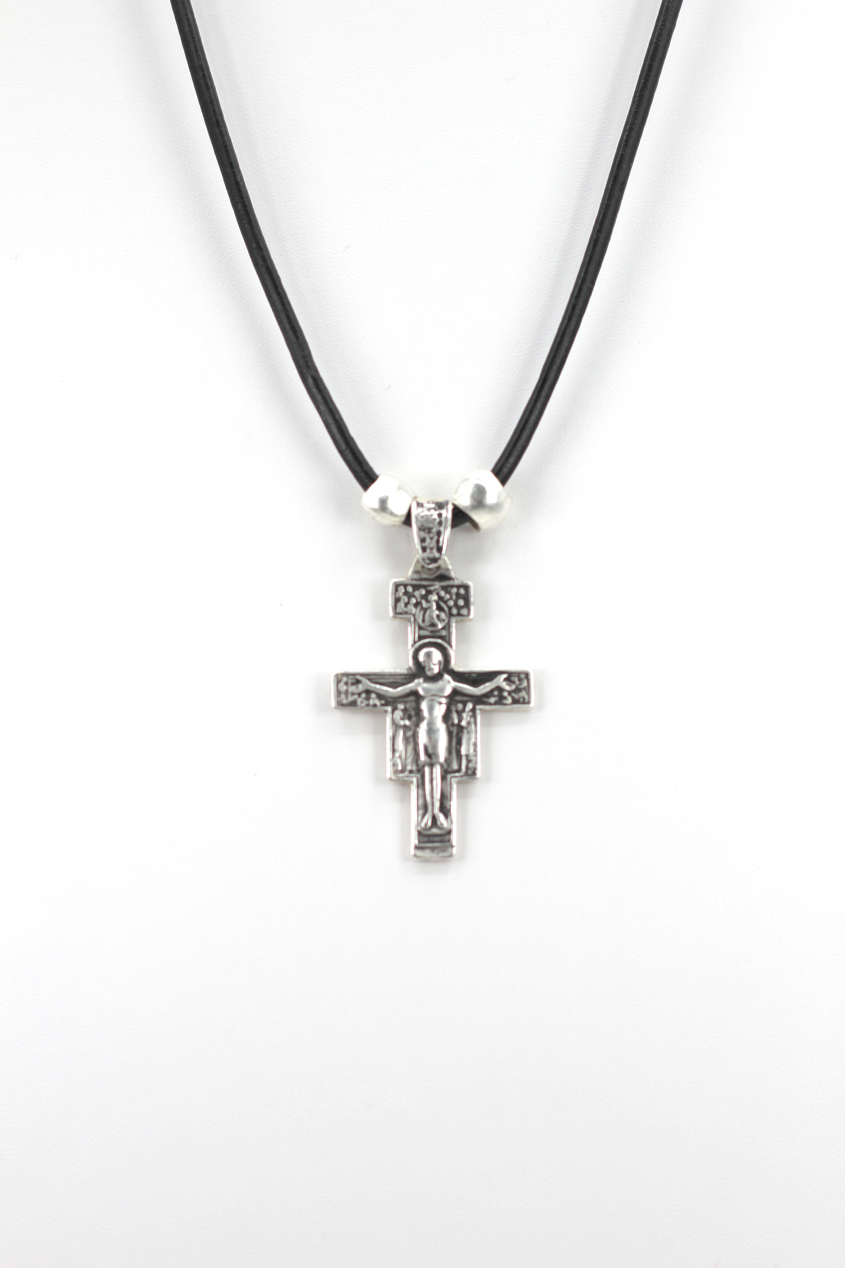 Vintage The San Damiano / San Francisco Cross Necklace Handmade Jewelry with Genuine Leather Strap by Graciela's Collection