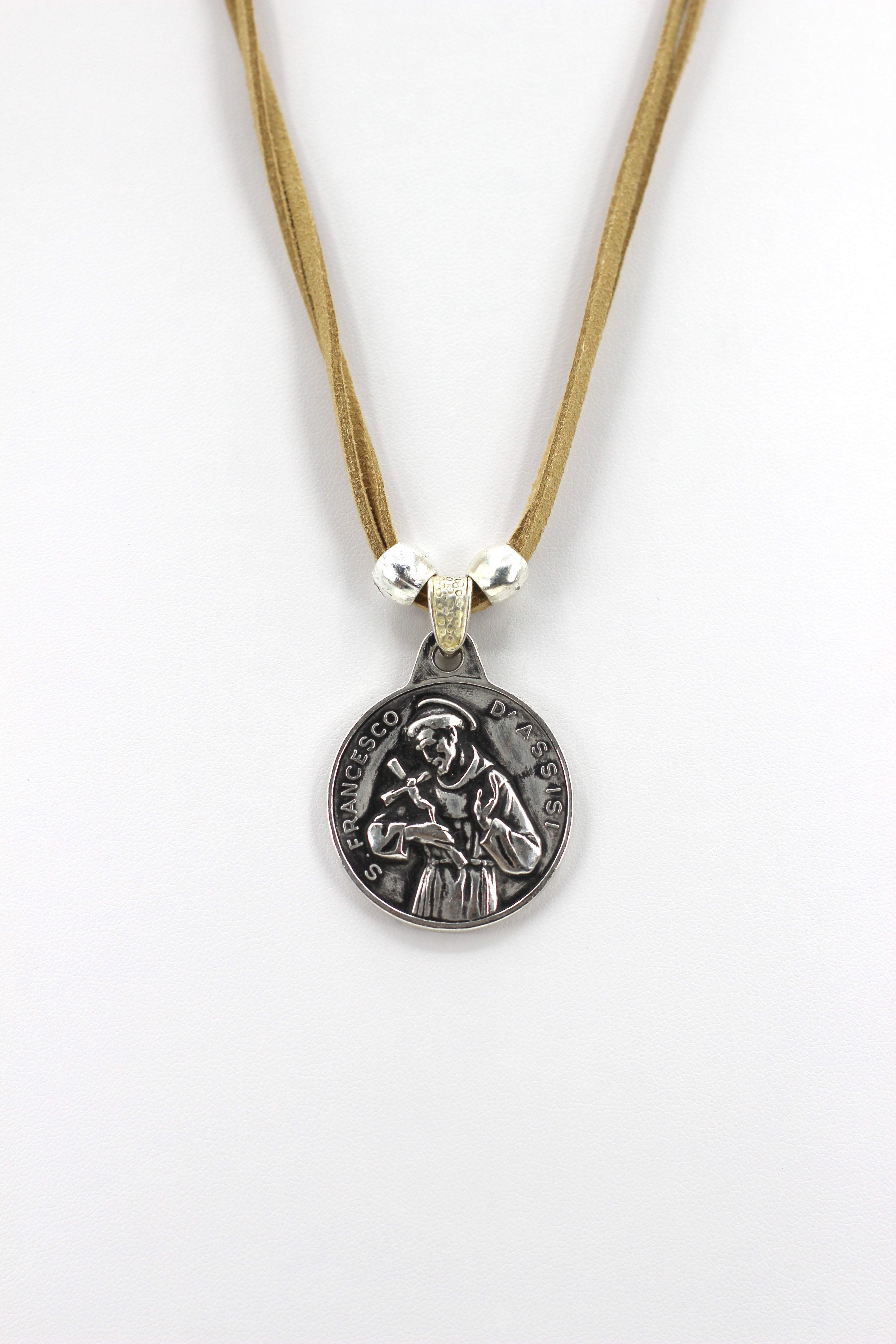 Vintage Necklace of Saint Francis of Assisi Handmade Jewelry with Genuine Leather strap by Graciela's Collection