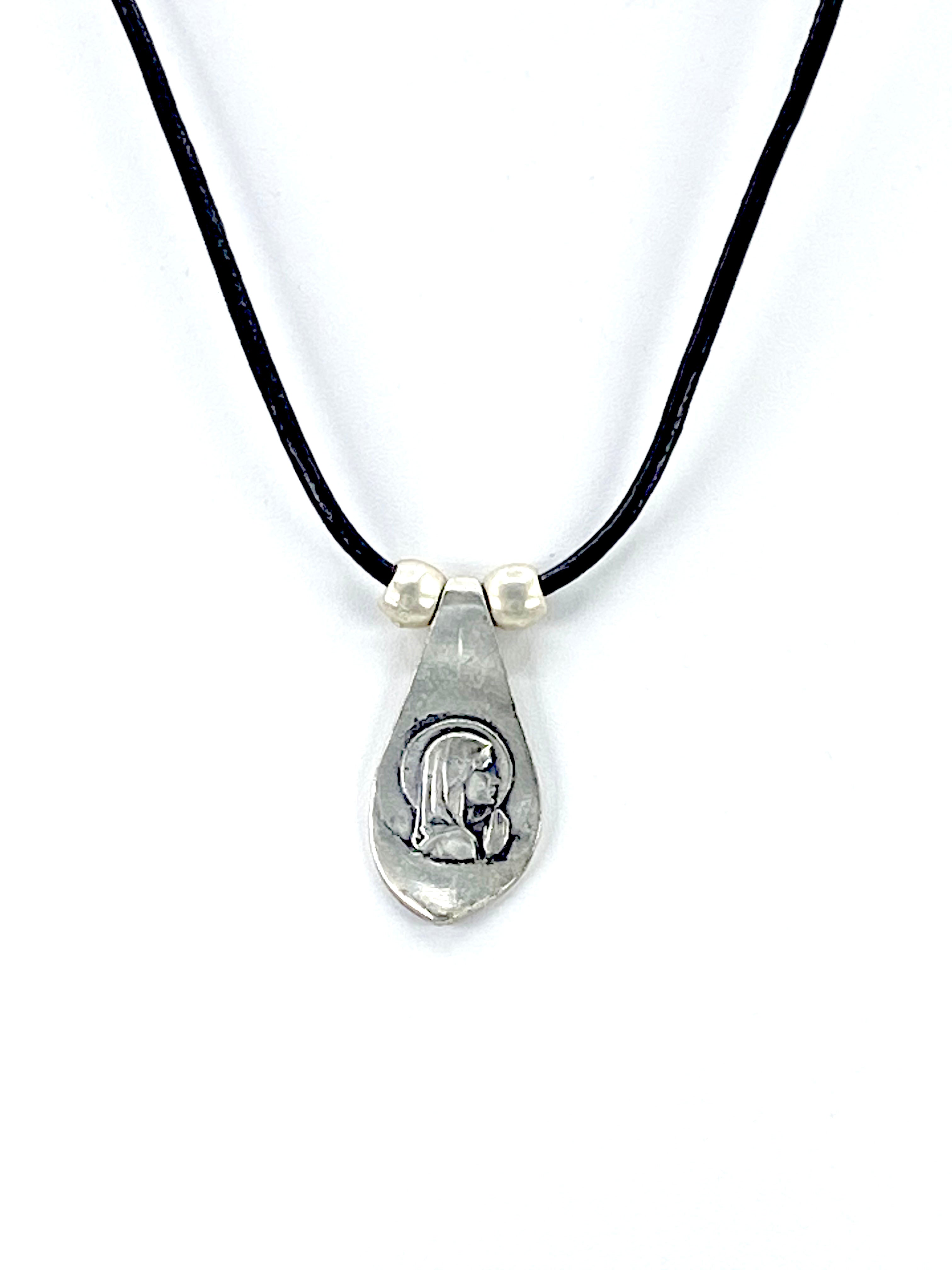 Vintage Virgin Mary Necklace  Handmade Jewelry with Genuine Leather Straps by Graciela's Collection