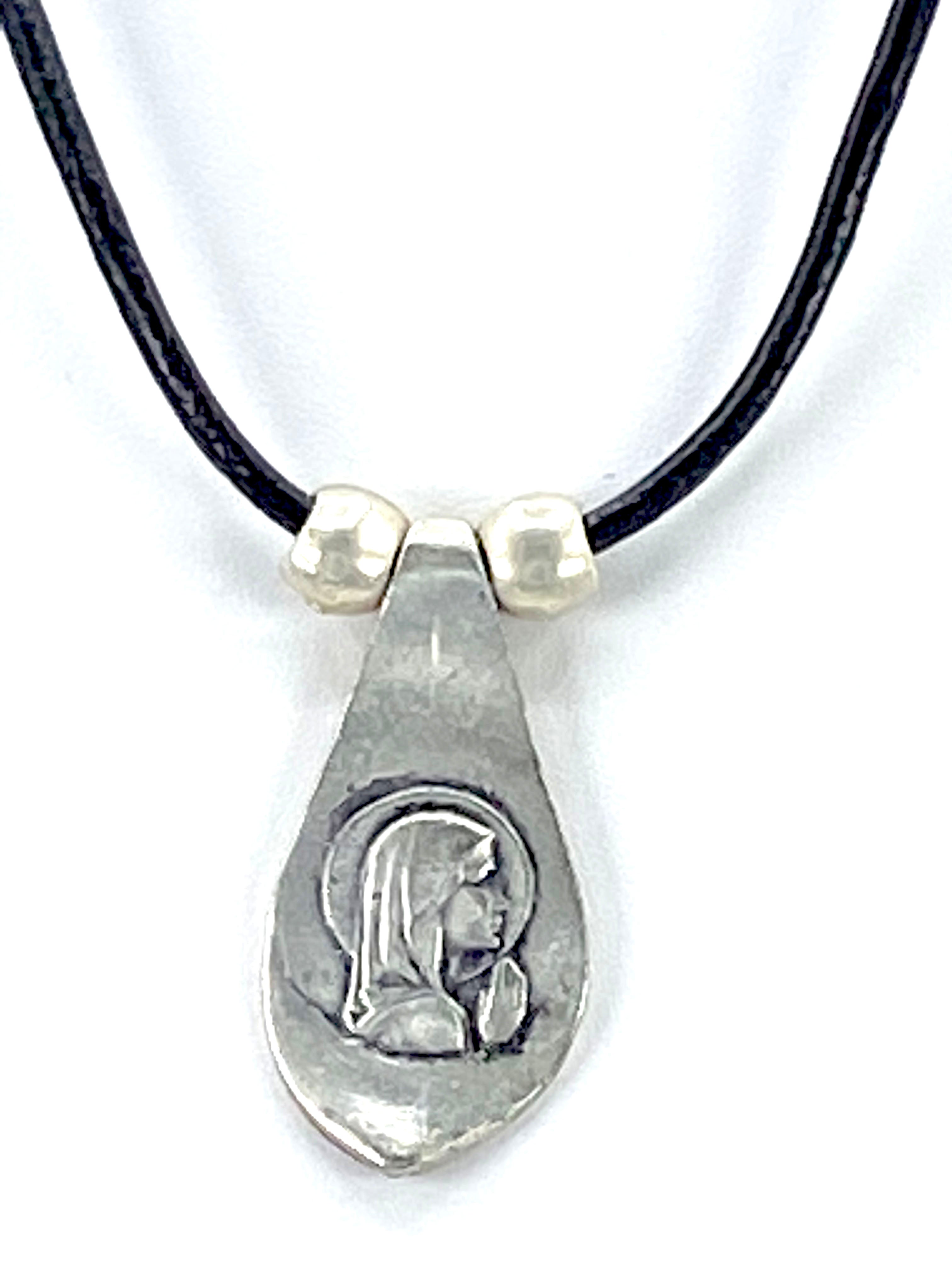 Vintage Virgin Mary Necklace  Handmade Jewelry with Genuine Leather Straps by Graciela's Collection