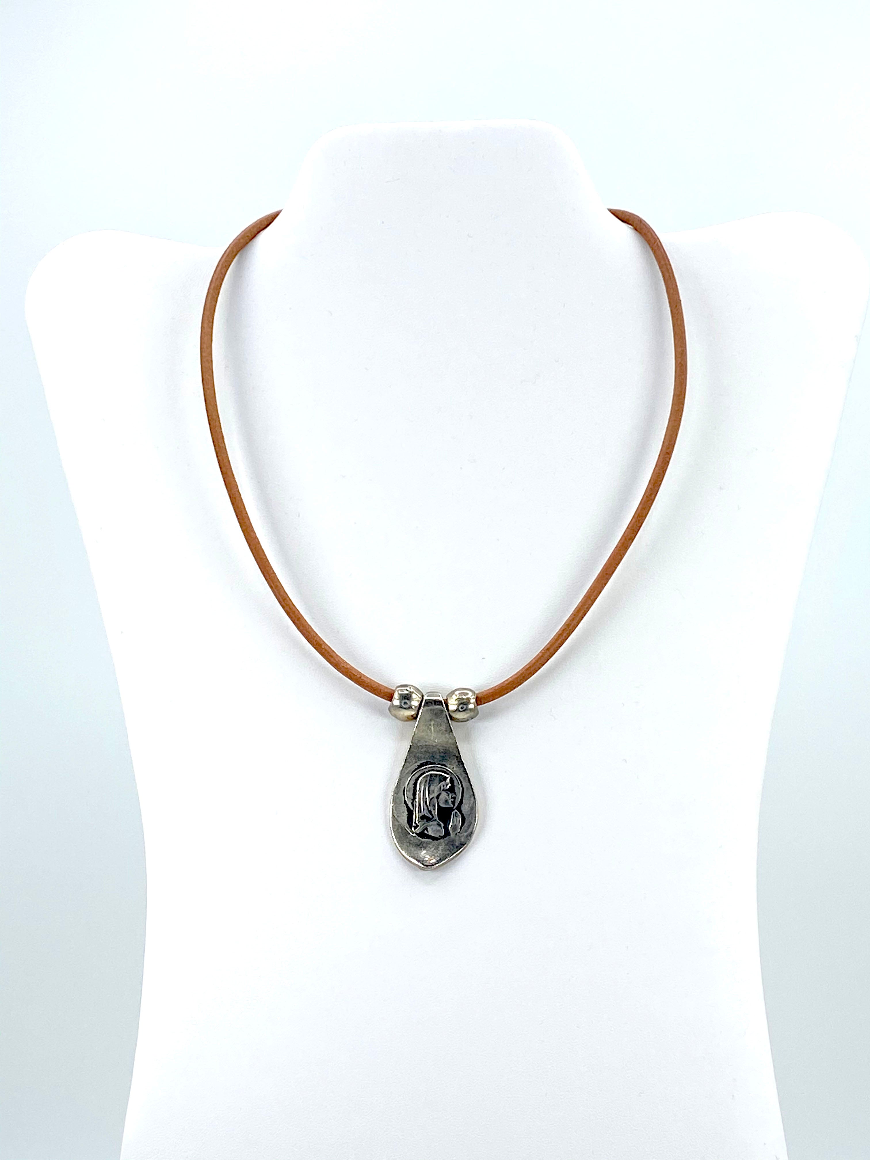 Vintage Virgin Mary Necklace  Handmade Jewelry with Genuine Leather Straps by Graciela's Collection