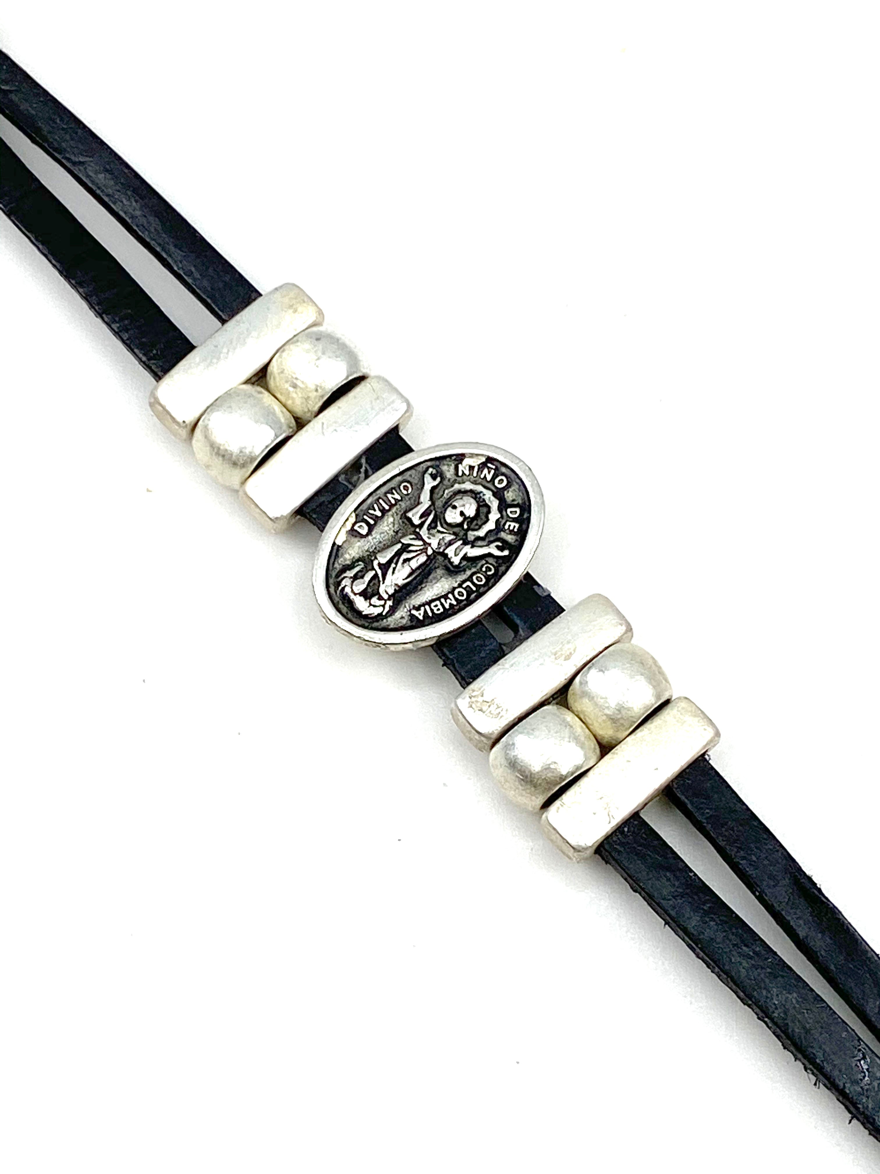 Bracelet Divino Nino Jesus bracelet handmade jewelry with Genuine Double Leather straps by Graciela's Collection
