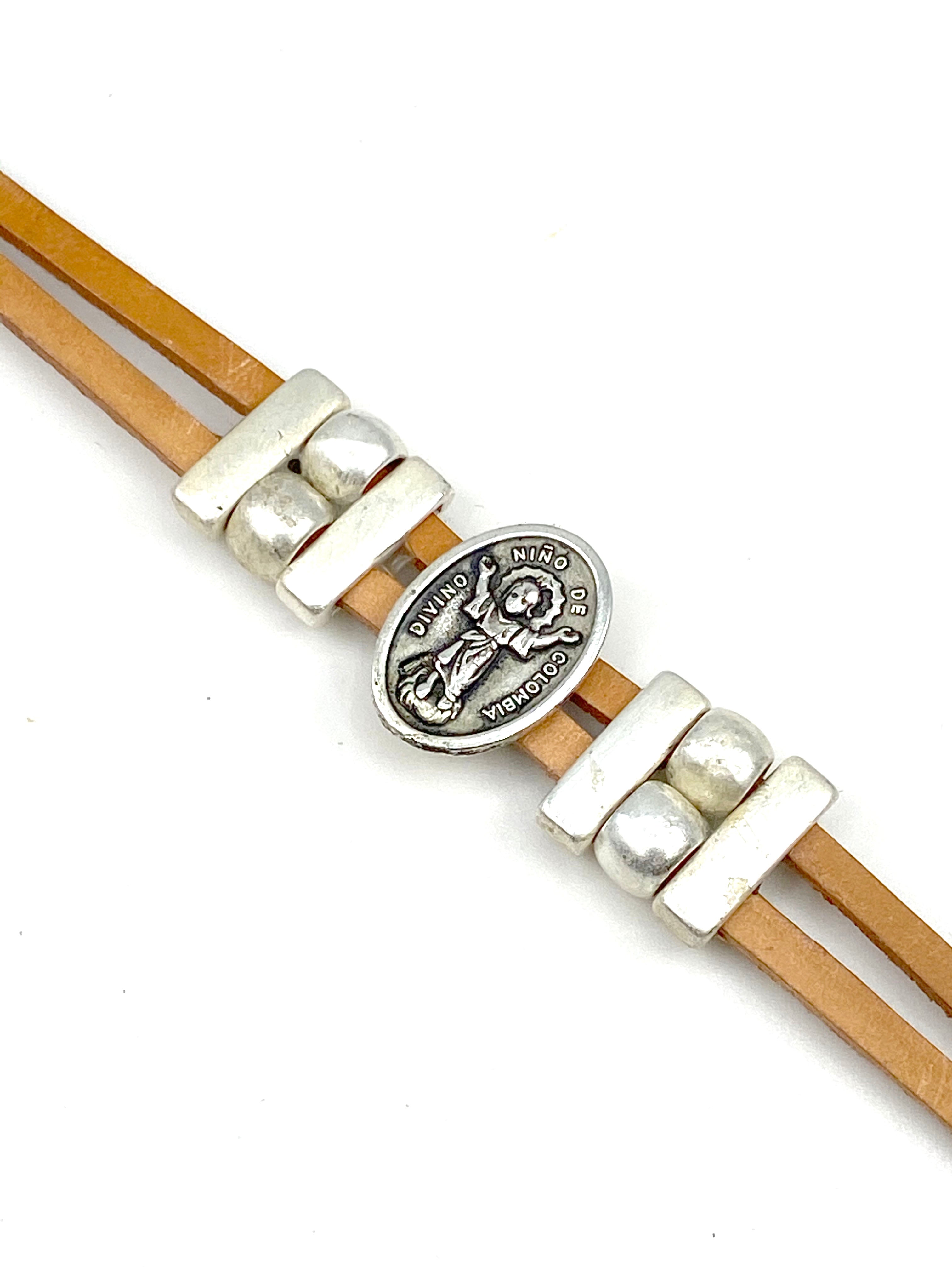 Bracelet Divino Nino Jesus bracelet handmade jewelry with Genuine Double Leather straps by Graciela's Collection