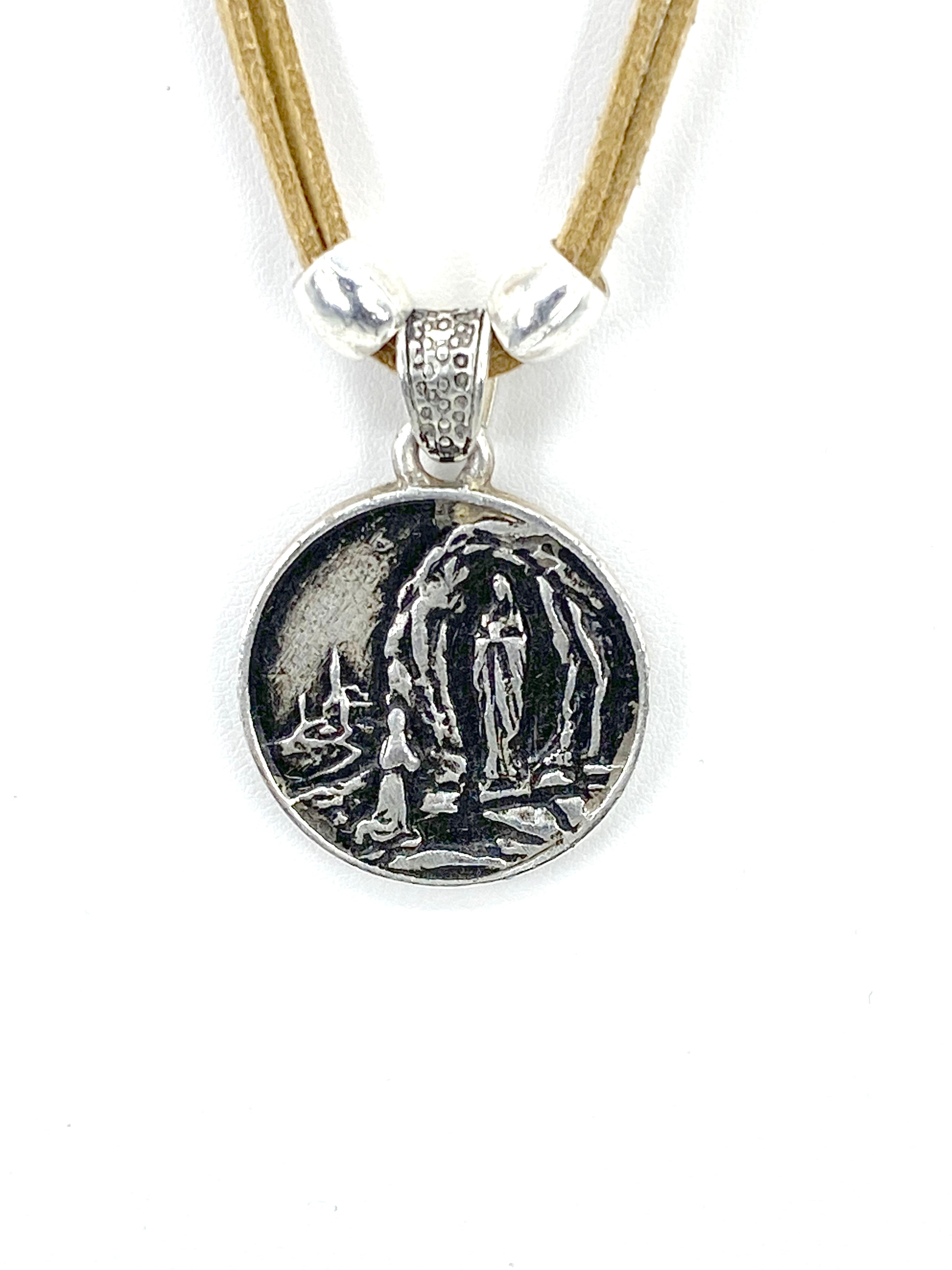Vintage Necklace of Our Lady Of Lourdes Jewelry with Genuine Leather strap by Graciela's Collection