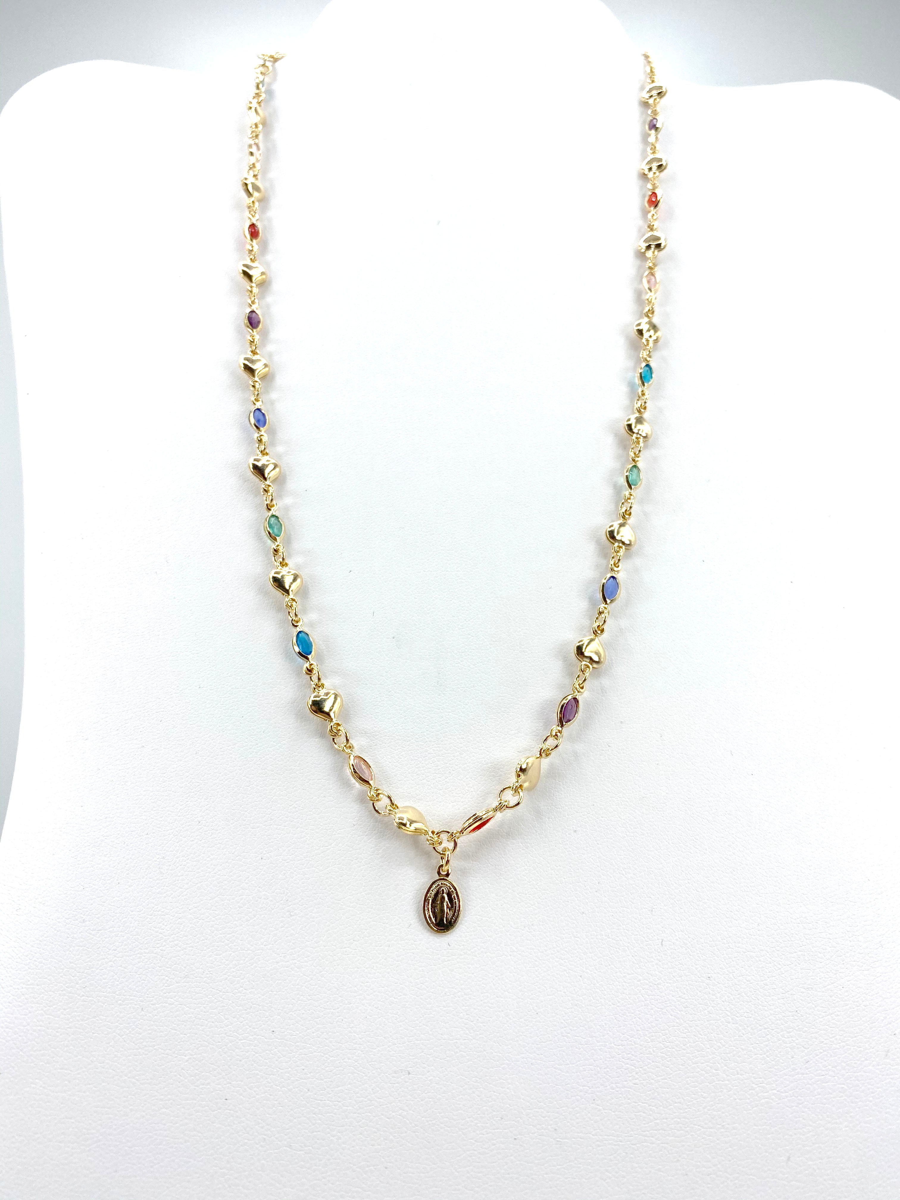 Necklace with color stones, hearts and Our Lady of Grace