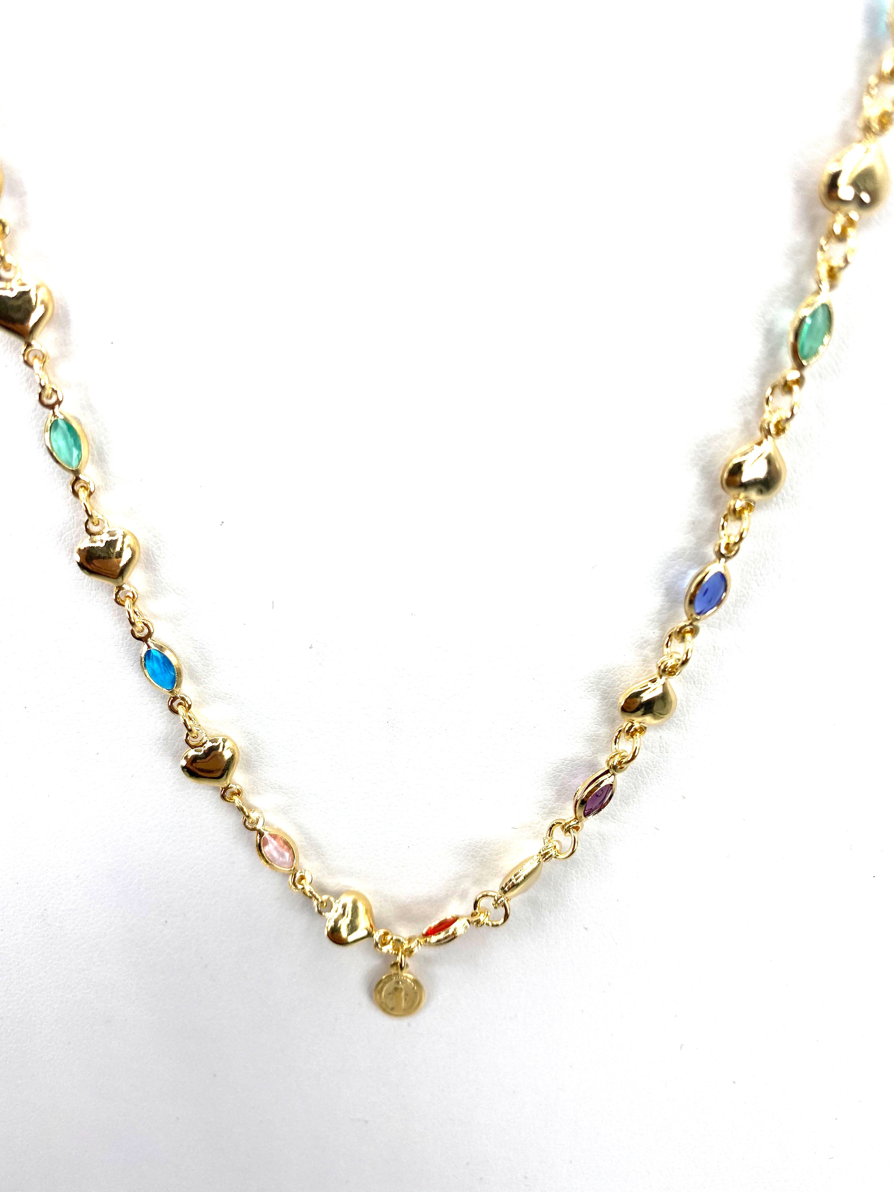 Necklace with color stones, hearts and Our Lady of Grace