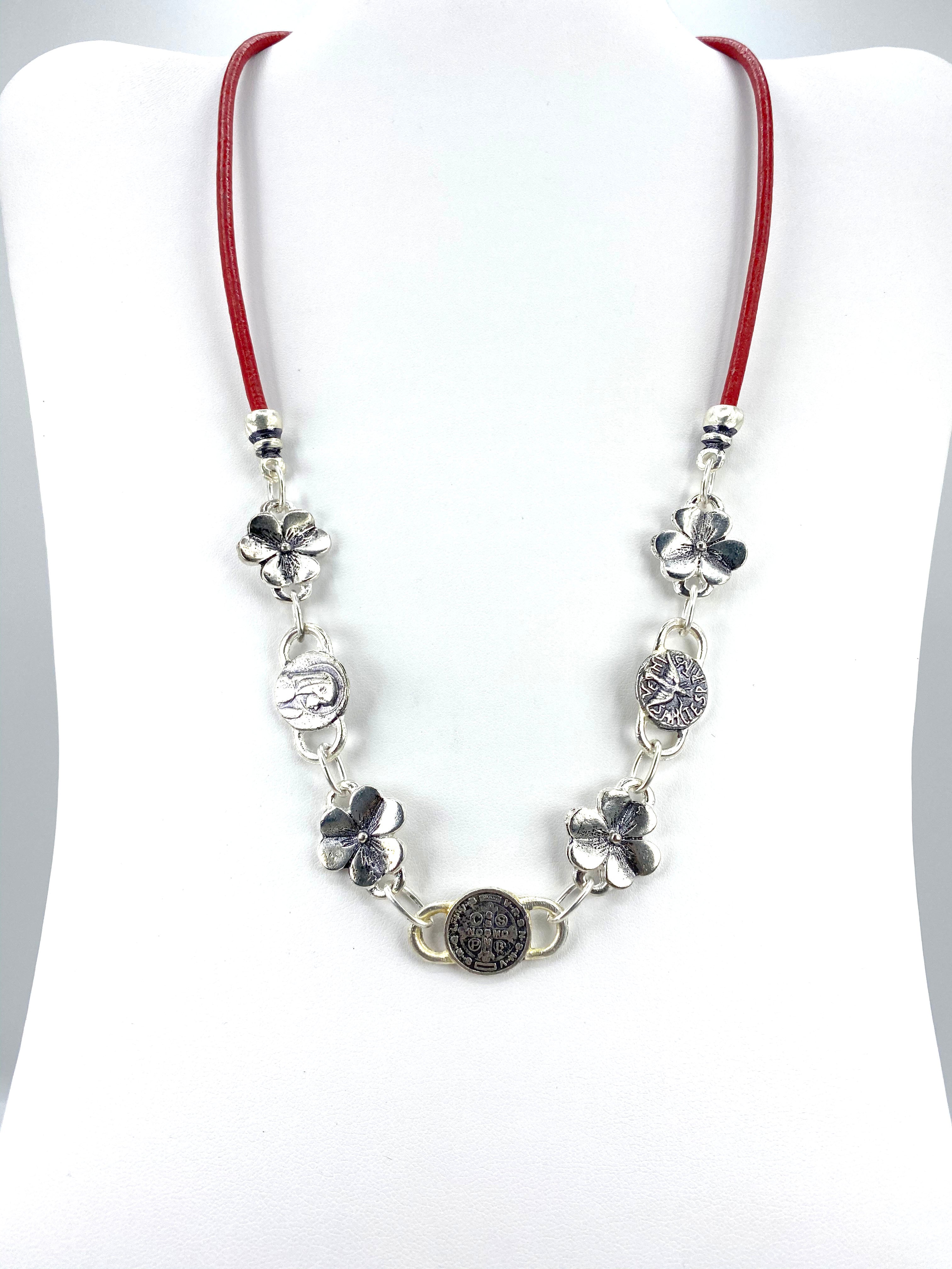 Vintage Flower Necklace of The Virgin Mary, Holy Spirit, and St Benedict Handmade Jewelry with Genuine Leather by Graciela's Collection