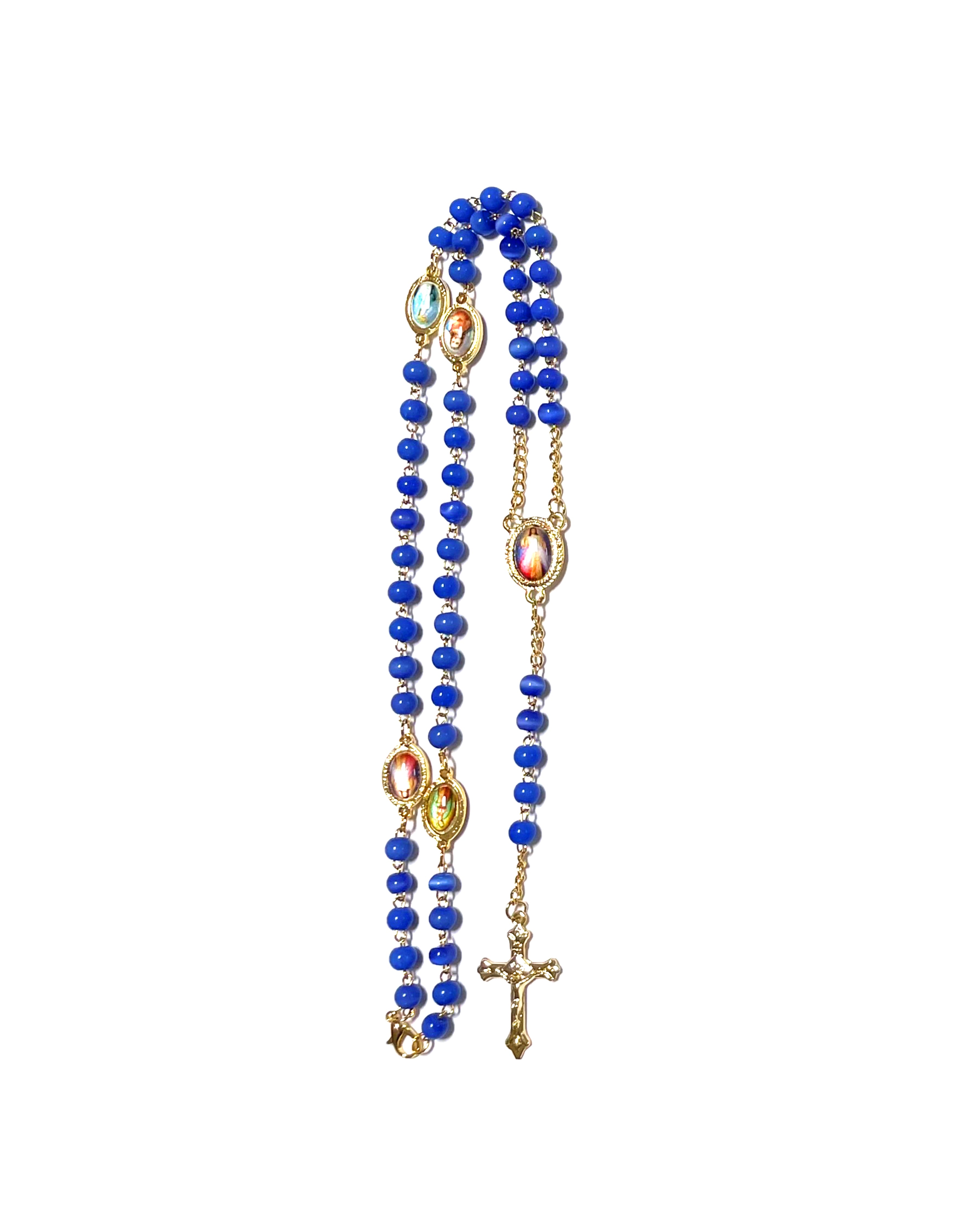 Cat's eye stone rosary with medals of various saints in each mystery
