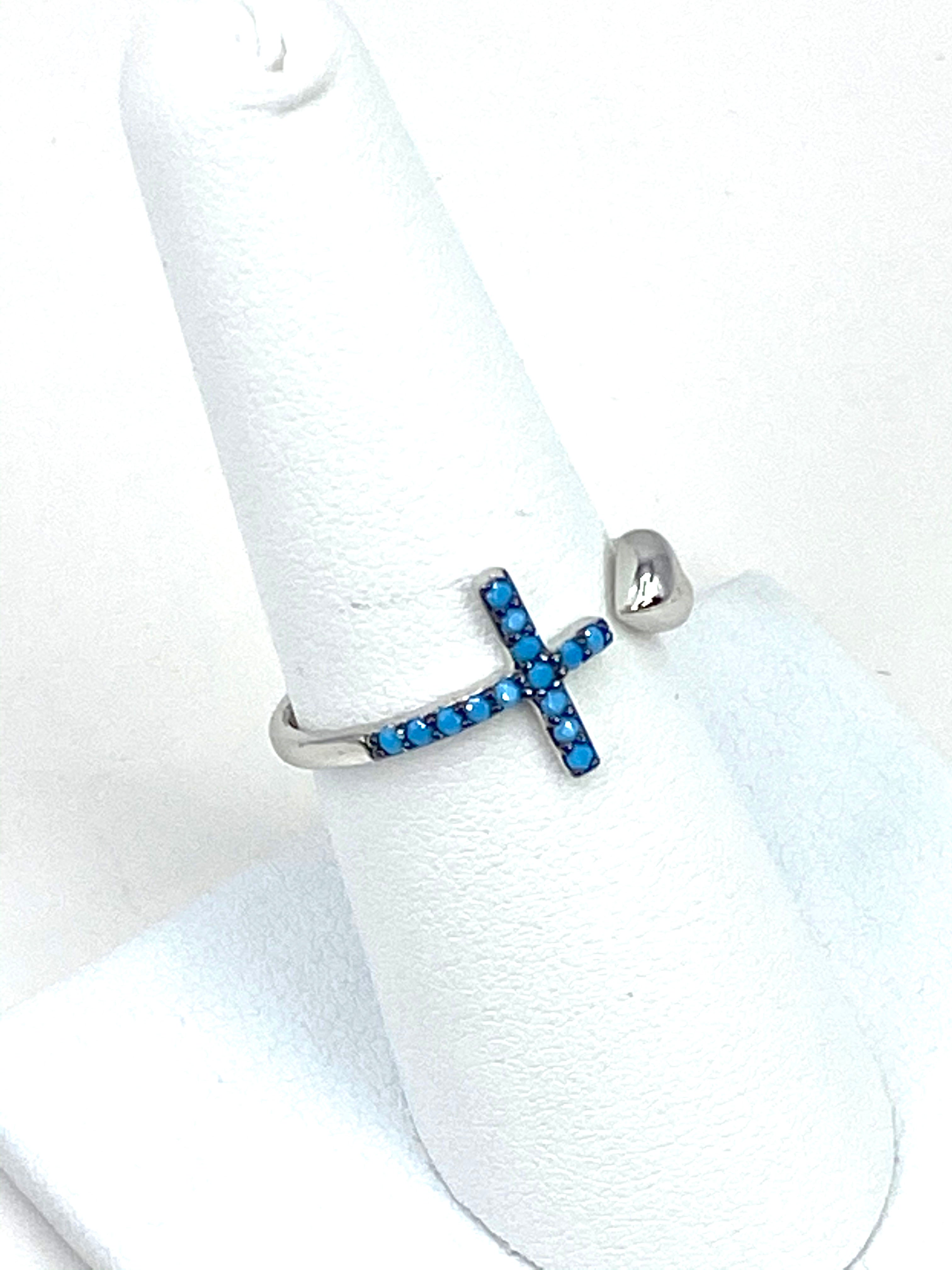 Ring with a Heart and a Turquoise Beads Cross - open back ring