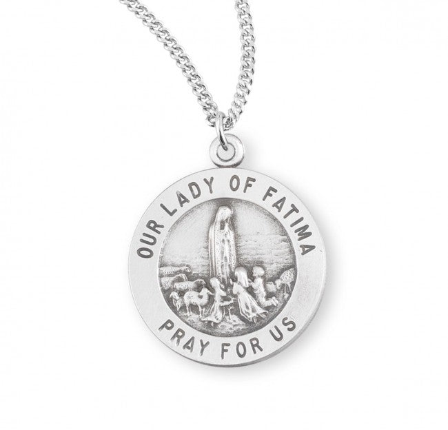 Our Lady of Fatima Round Sterling Silver Medal - Dimensions: 0.7" x 0.6" (18mm x 15mm)